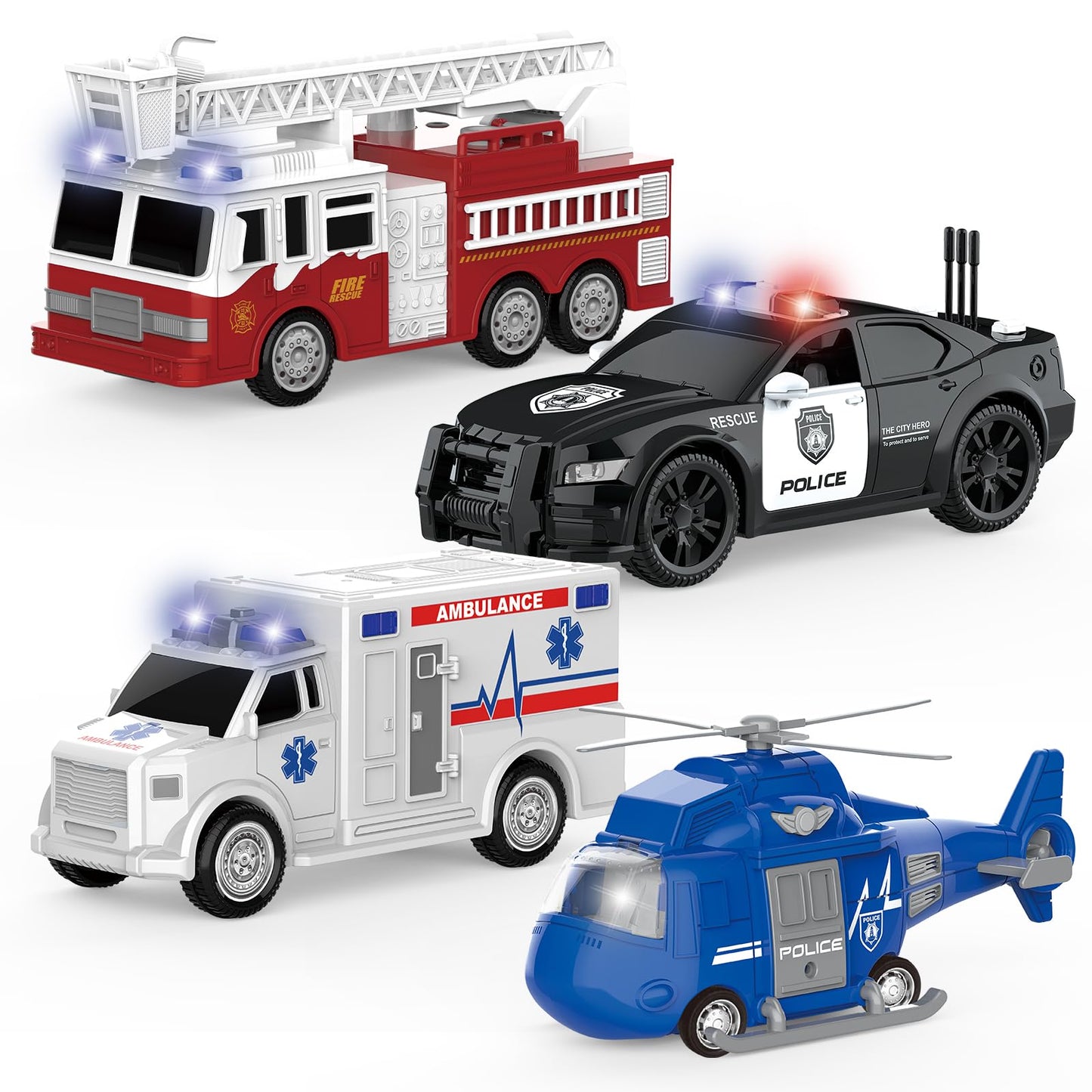 COVTOY 4 Pack Emergency Vehicles with Lights & Siren Sounds - Fire Truck, Ambulance, Police Car & Helicopter - Friction Powered Toys for Boys 3-6