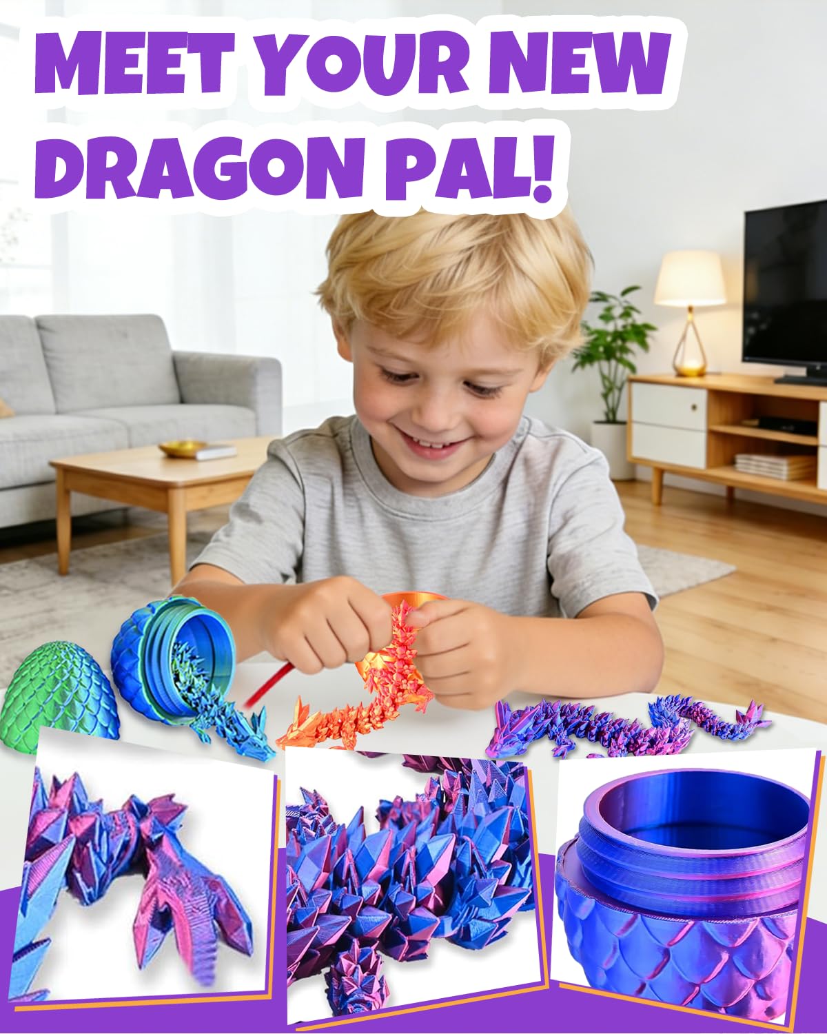 Ivrmtal 4PCS 3D Printed Dragon Eggs with Dragon Inside, Prefilled Easter Eggs with Toys for Kids 3D Printing Crystal Dragon Animals Easter Basket Stuffers and Essentials Dragon Gifts for Boys Girls