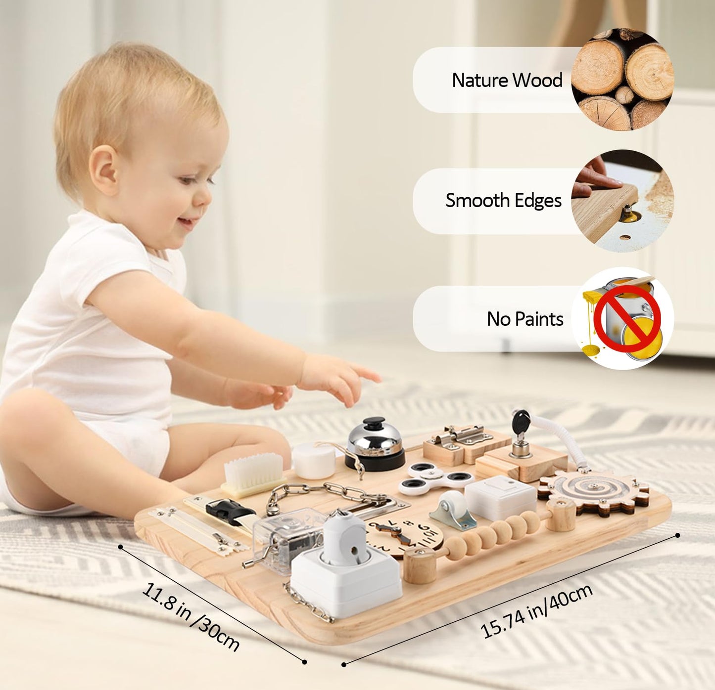 Potatomato Montessori Large Busy Board for 1 2 3 4 Year Old- Wooden Sensory Toys -Fidget Activity Board for Toddlers Boys and Girls- Motor Skills Gifts for ADHD & Autistic Children Kids