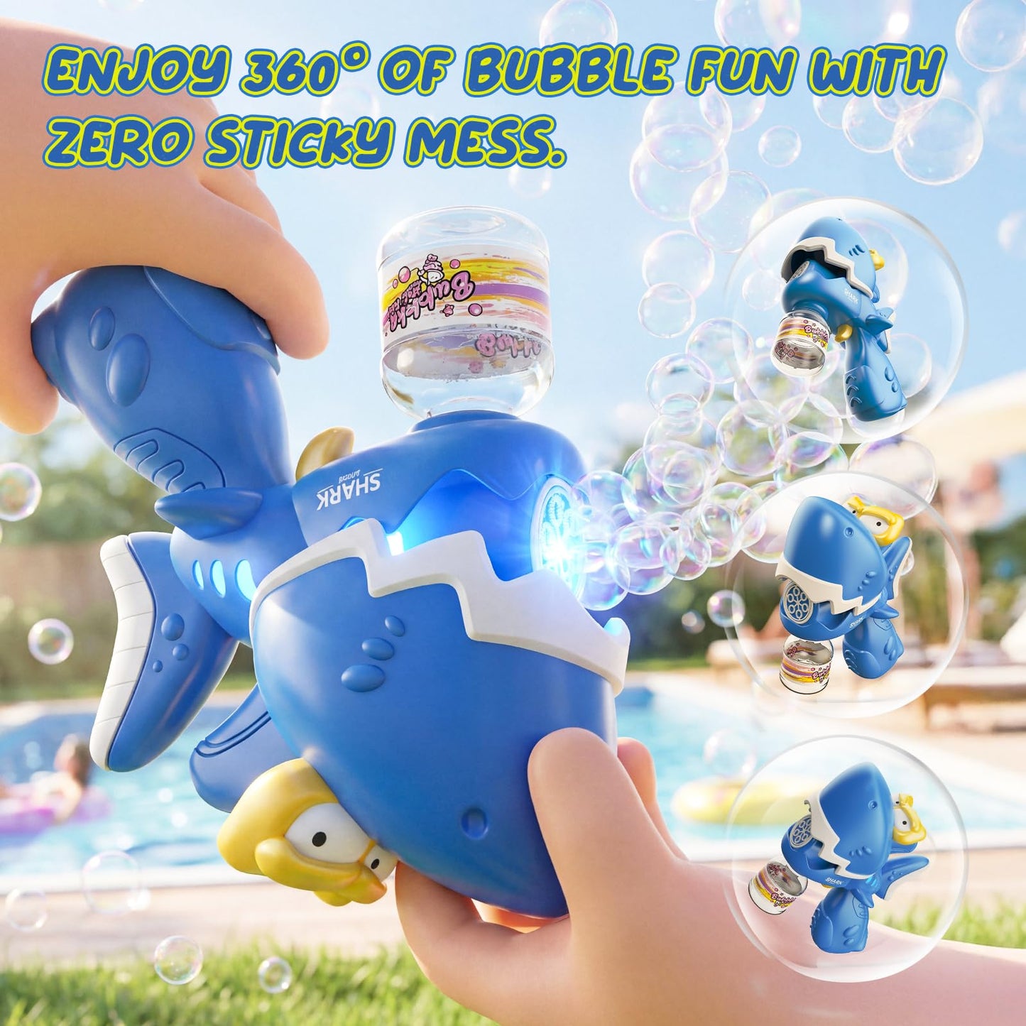 Bubble Guns for Toddlers 1-3, 2 Pack Movable Mouth Dino & Shark Bubble Machine Toys, Chomping Action Automatic Bubble Blaster w/LED Lights & 10 Refills, Rechargeable Outdoor Party Gifts for Ages 3-8