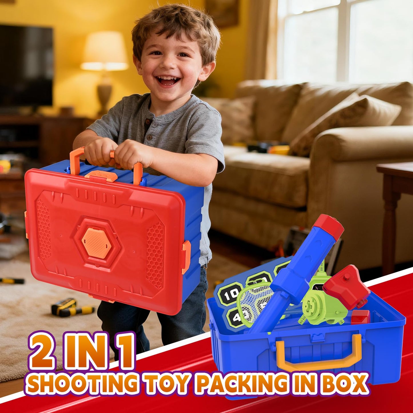2 IN 1 Shooting Game Toys For 5 6 7 8 Year Old Kids, Moving Standing Shooting Target & 2 PCS Foam Ball Popper Air Toy Guns, 24 Foam Balls, 2 Player Boy Toys For Boy Kids, Gifts for Boys and Girls