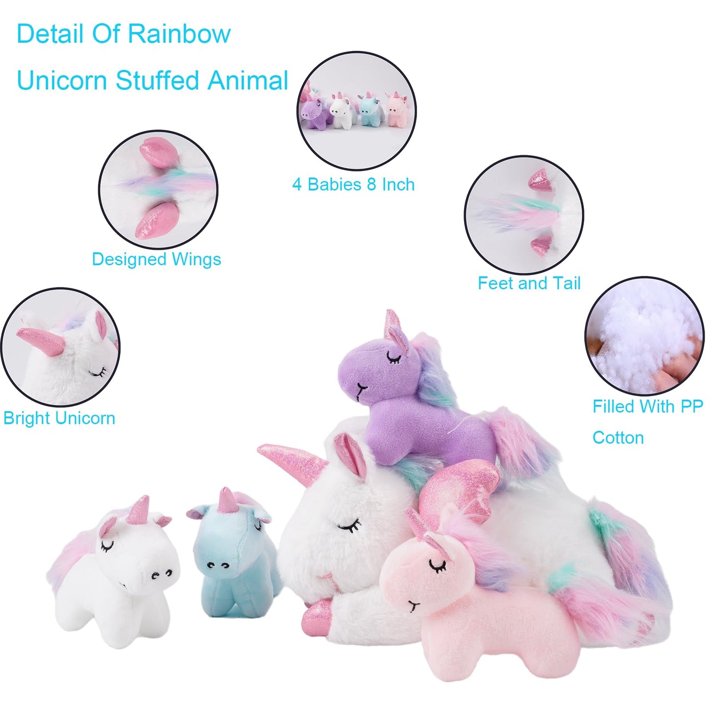 16 Inch Soft Unicorn Stuffed Animals PlaySet - Cuddle Plush Mommy With 4 Baby Rainbow Flying Plush Pillow Toy With Wings for Kids and Lovers