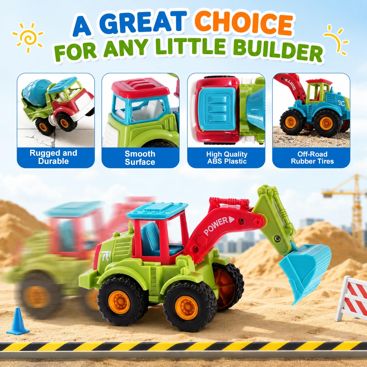Cogwak 6 Pack Friction Construction Vehicles Toys for Boys, Push and Go Engineering Cars Set with Excavator Bulldozer Dump Truck Crane & Deluxe Gift Box, Christmas Birthday Gift for Toddlers Kids 3-8