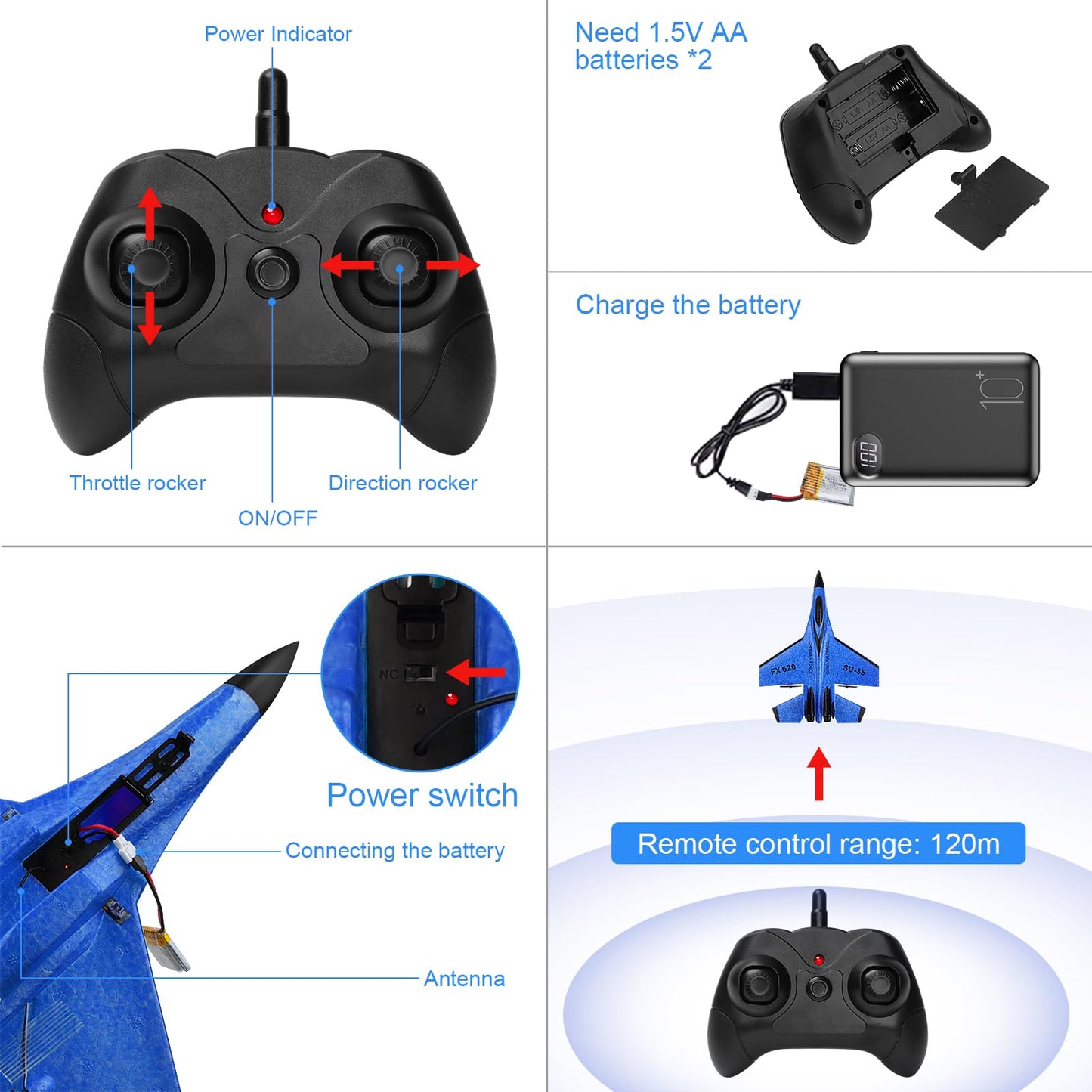 Beffkkip RC Plane 2CH Remote Control Plane SU35 RC Jet 2.4GHz RC Airplane RTF Easy to Fly FX620 Airplane Toys for Beginner, Kids and Adults,with Night Lights USB Charging（Blue）