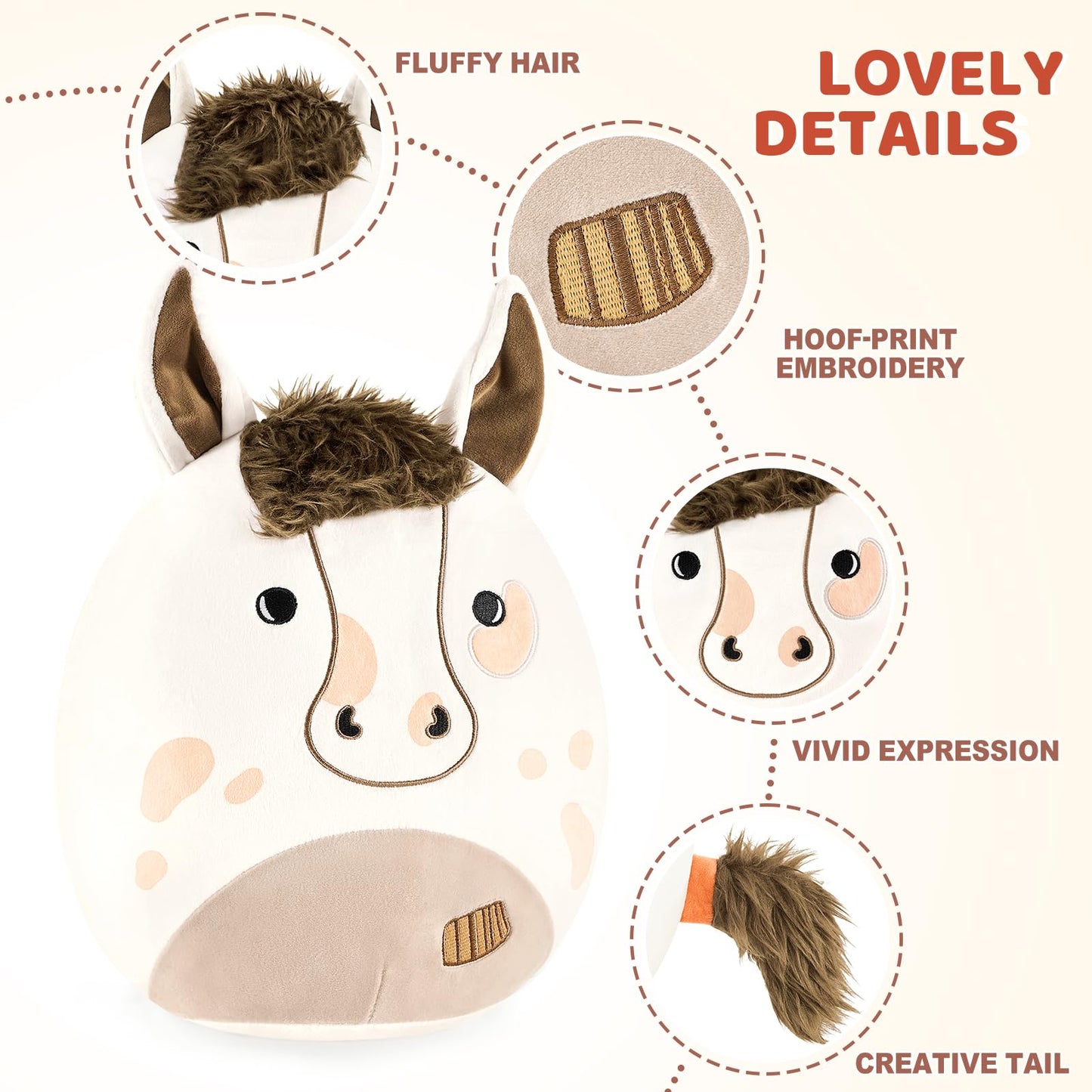 PEACH CAT Original Appaloosa Horse Stuffed Animal 12" Cute Horse Plush Soft Plushies Toys Gifts for Kids Adults White
