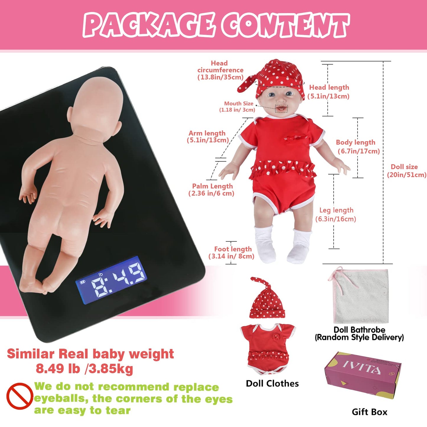 IVITA 20 inch Silicone Baby Dolls Girl Weighted 8.39 lb,[NOT Vinyl],Silicone Full Body Reborn Realistic Lifelike Real Life Newborn Soft Babies with Feeding Kit & Gift Box for Kids Age 3+