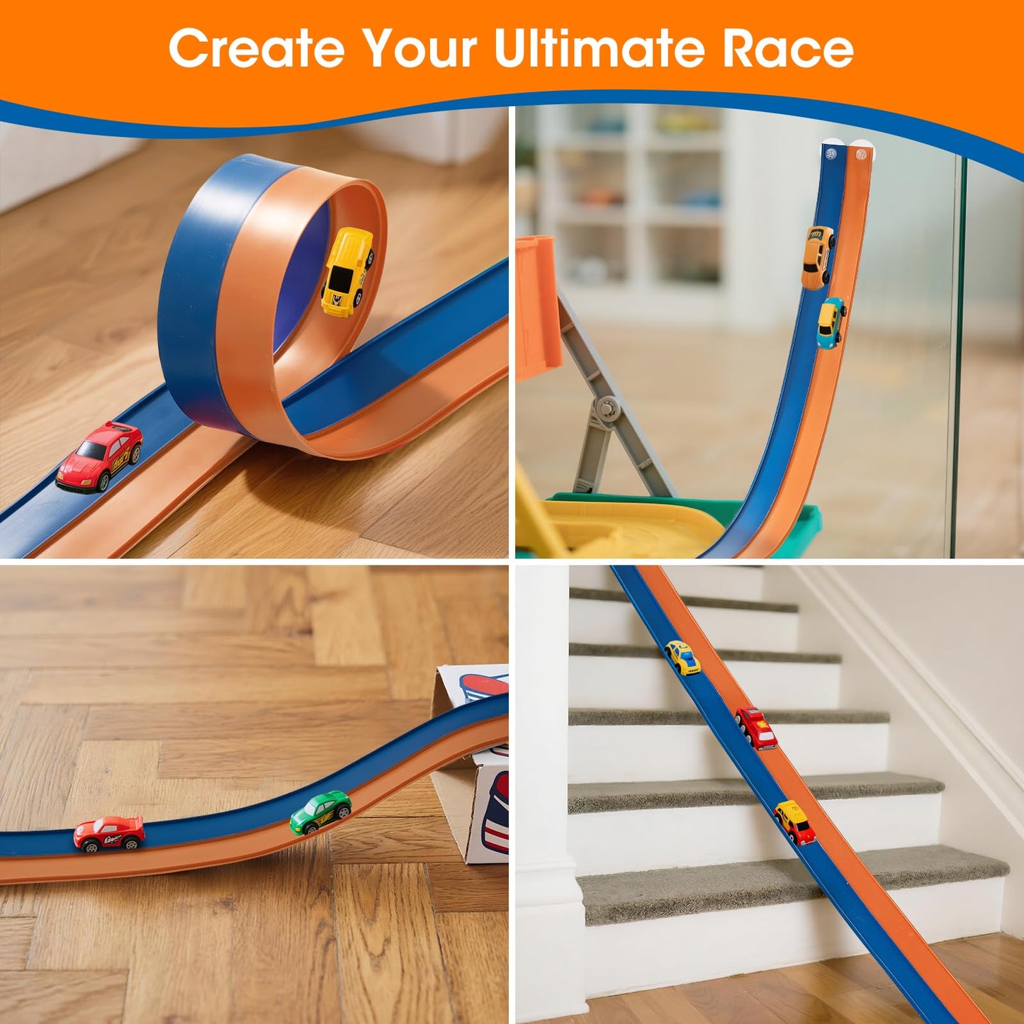 Flexible Race Track 15 Ft for Kids with 2 Toy Cars, US Certified Safe PVC Car Track Withstands Repeated Bending, Compatible with 1/64 Scale Model Cars and Powerful Suction Cups for Age 3+