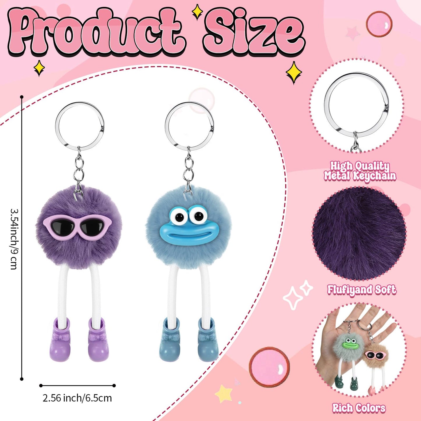 Equsion 48 Pcs Kawaii Keychains Bulk Cute Plush Keychains Fluffy Pompoms Balls with Tassels and Keyrings Key Chain Kawaii Party Favors for Birthday Goodie Bags Piñata Prizes(Cute)