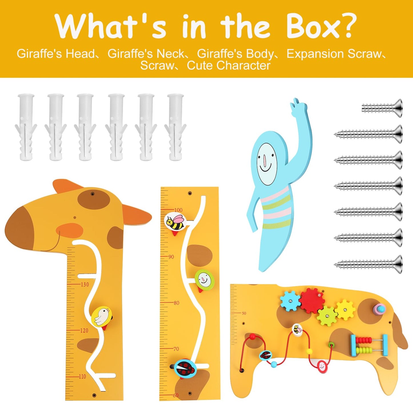 Dollox Giraffe Activity Wooden Wall Panels, 7-in-1 Toddler Multifunctional Busy Board Sensory, Interactive Educational Toy Montessori Wall Decor Preschool Toy for Daycare Activity Center Livingroom