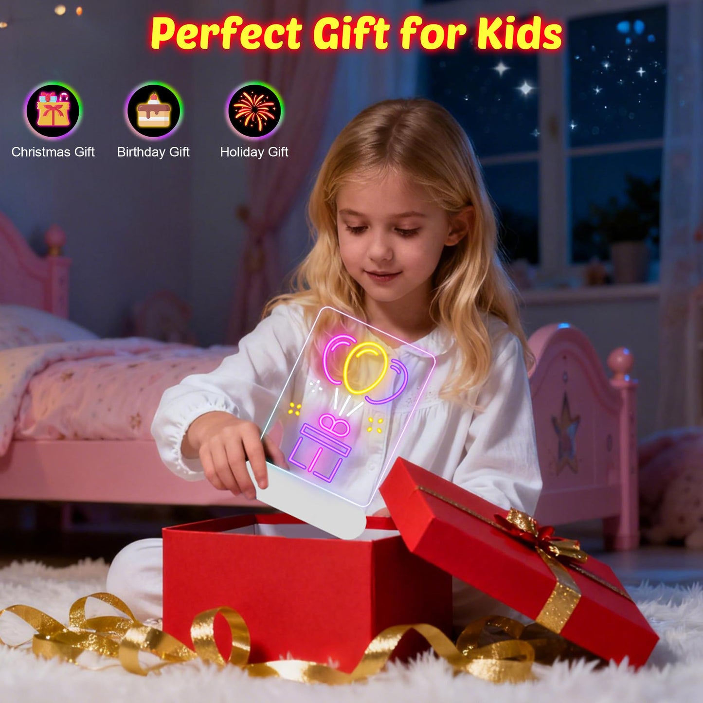 MOKOQI Rechargeable LED Drawing Board | Cordless LED Note Message Board for Kids，DIY Kids Own Night Light | Dry Erase Writing Board | Easter Birthday Gifts for Girls Boys 6-8