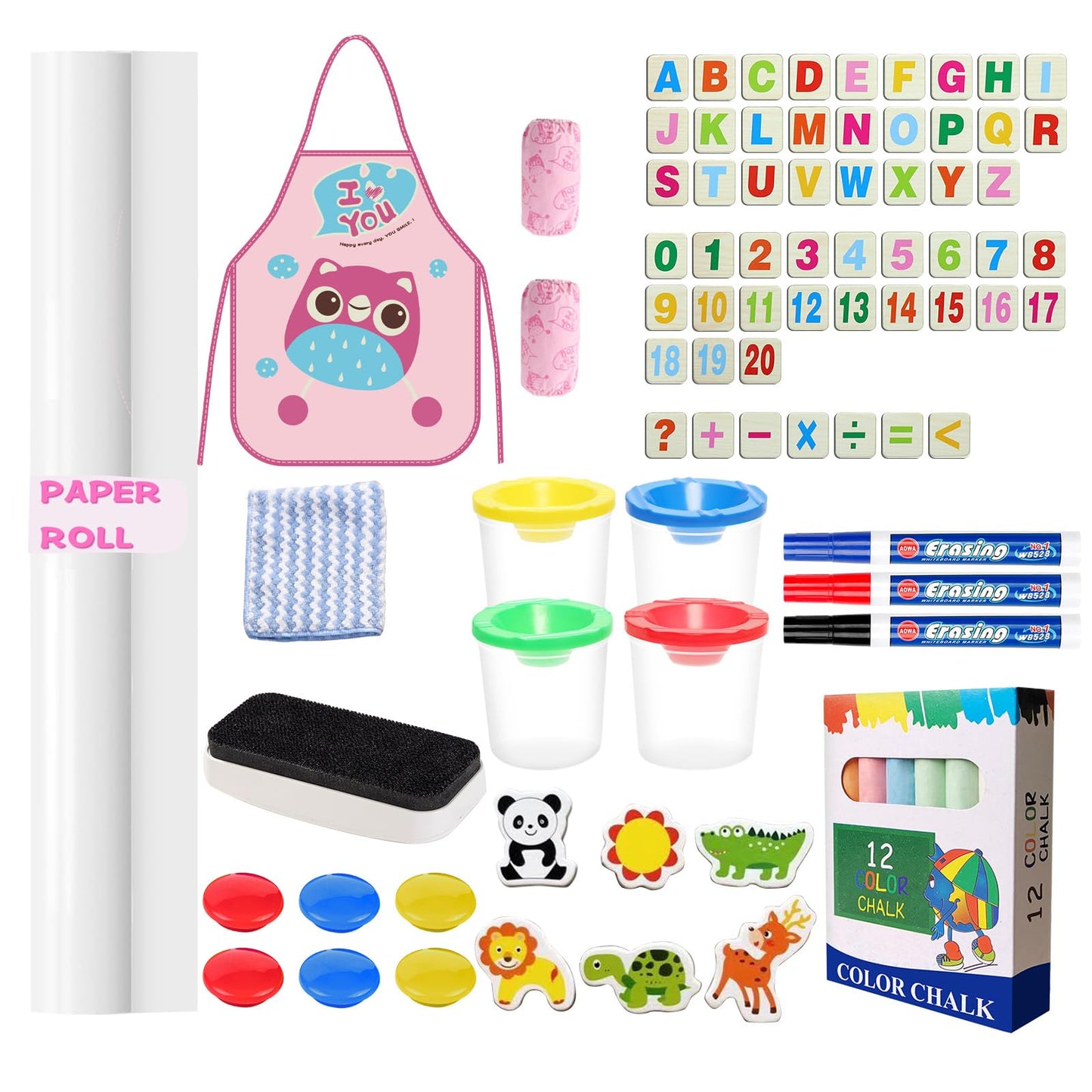 Art Easel for Kids, Adjustable Standing Wooden Toddler Easels, Kids Whiteboard & Blackboard with Paper Roll, Dry Erase Board, Drawing and Painting for Aged 2-4, 5-7, 8-12, Art Supplies Included