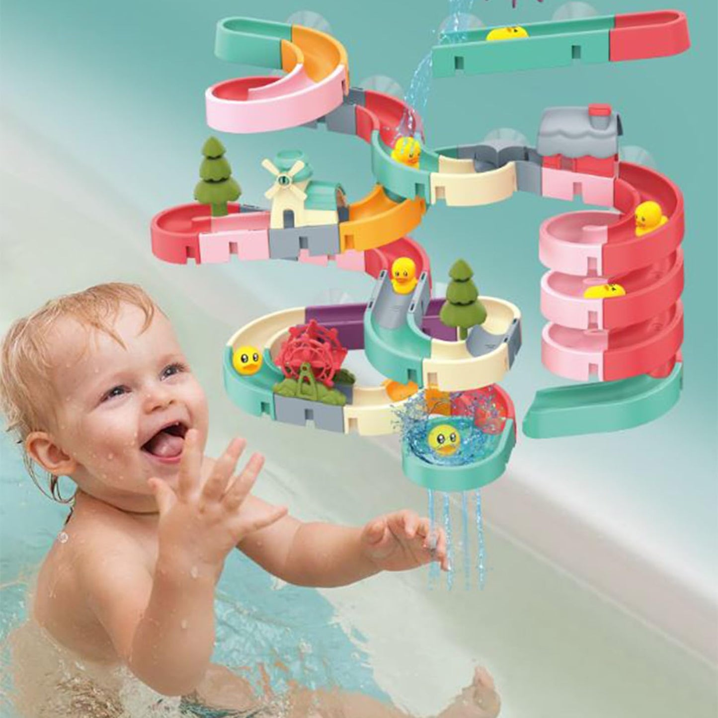 62 PCS Toddler Bath Toys for Kids Ages 3-5 4-8,Large Fun DIY Suction Cup Bathtub Mold Free Shower Toy Set,Duck Slide Building Game Toys for Ages 3 4 5 6 7 8 Year Old,Birthday Gift for Baby Boys Girls