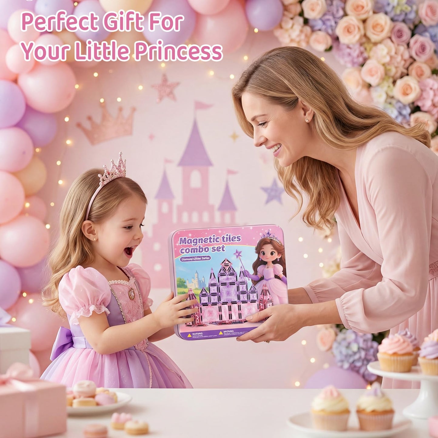 STEM MATCH Magnetic Tiles Girls Travel Toy: 42 PCS Pink Glitter Building Blocks Castle Tin Box - 120 Mins Quiet Play 60s Cleanup - Toddler Kids Gift Age 3 4 5 6