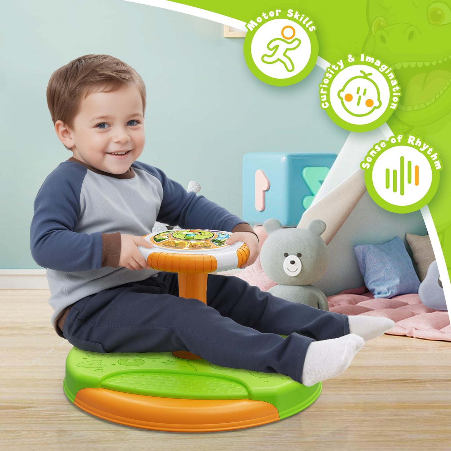 HYES Dinosaur Sit and Spin Toys for Toddlers 1-3 Boys, 360° Toddler Spinning Seat with LED Lights and Music, Sensory Toys Birthday for Kids 3-5