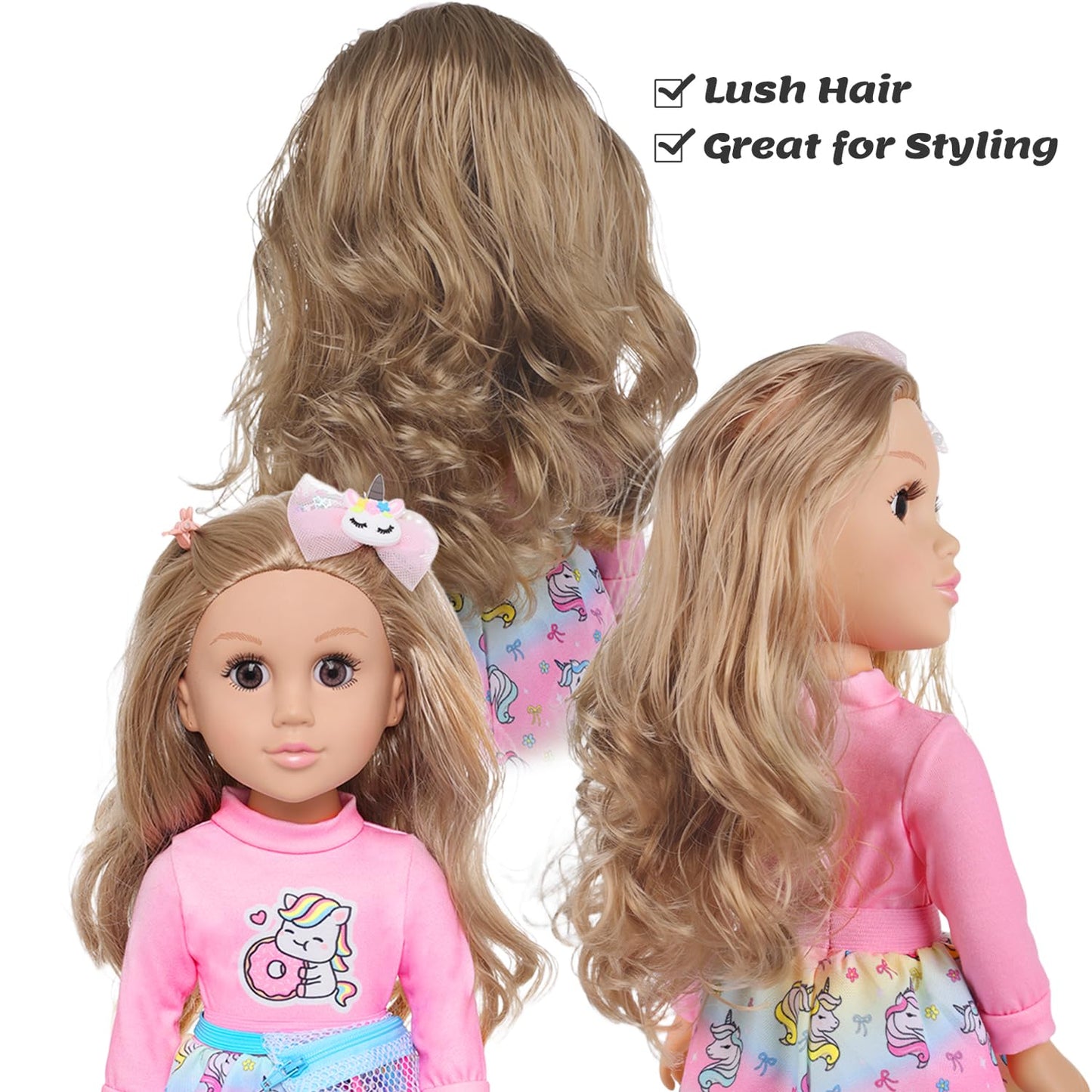 Ecore Fun 18 Inch Girl Doll with Clothes Accessories, Fashion Doll with Styling Brown Hair, Unicorn Hair Clip, Phone, Bag, Outfit & Shoes, Gift Ready for Birthday & Pretend Play