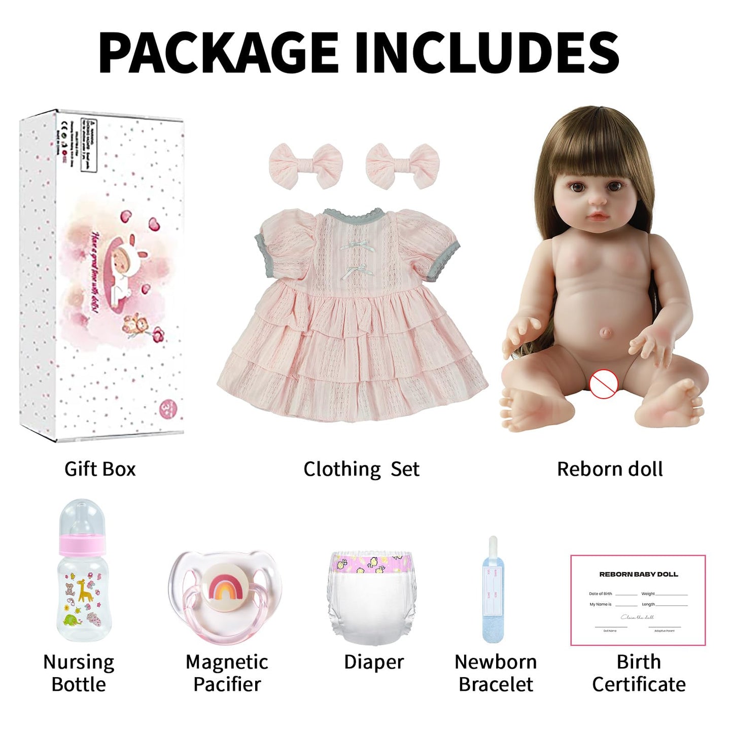 SCOM 18 Inch Reborn Baby Doll Girl with Long Hair, Lifelike Vinyl Baby Doll with Realistic Facial Details & Weighted Body, with Accessories, for Kids 3+, New Parents Training & Elderly Companion Play