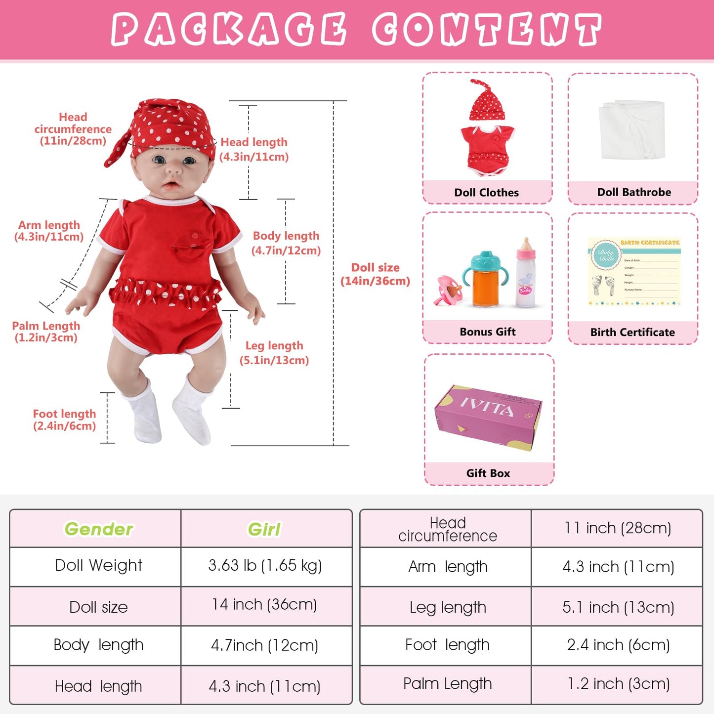 IVITA 14 inch Silicone Baby Dolls Girl Weighted 2.92 lb,[NOT Vinyl],Silicone Full Body Reborn Realistic Lifelike Real Life Newborn Soft Babies with Complete Accessories & Gift Box for Kids Age 3+
