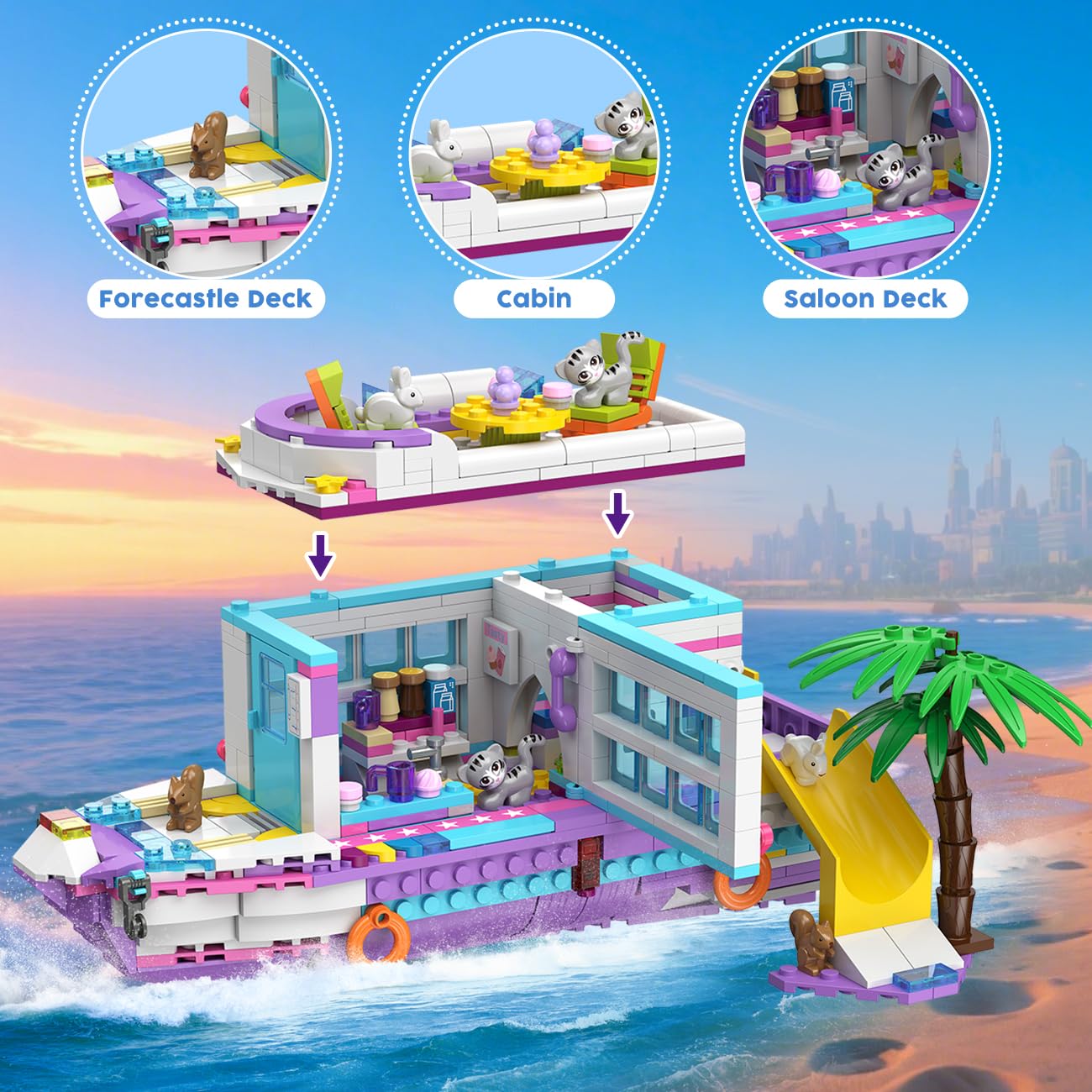 HOGOKIDS 3-in-1 Friends Airplane Building Toy Set - 808PCS Plane/Boat/Camper Van Building Toys with Cute 6 Mini Animals, Slide, Fun Accessories and Stickers, Birthday Gifts for Girls Boys Age 8-12+