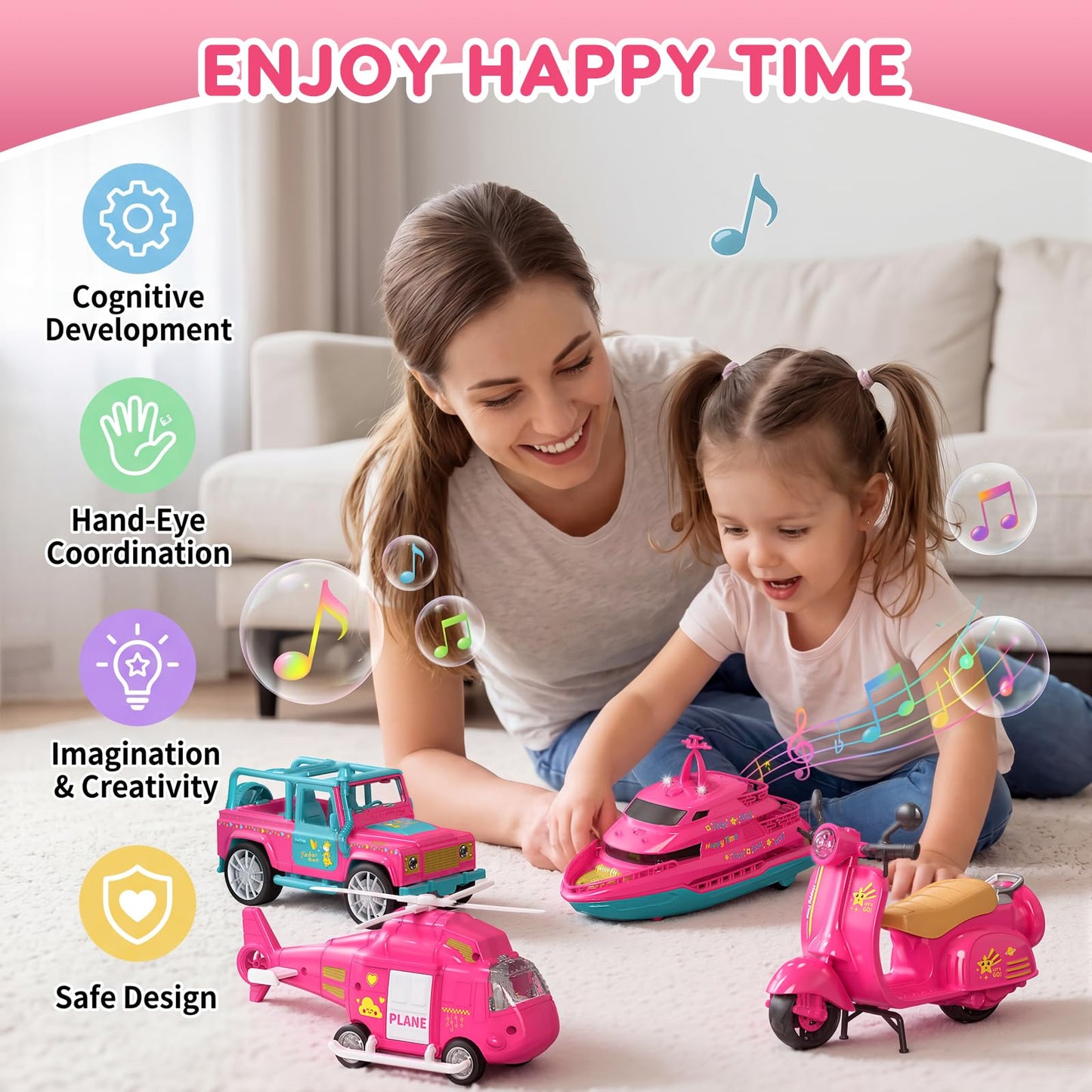 Eviboy 10-in-1 Car Toys Set, Battery-Powered Vehicle Toys with Lights & Sounds, Includes Off-Road Vehicle, Yacht, Motorcycle & Helicopter, Perfect Birthday for Girls Ages 3-6（Pink）