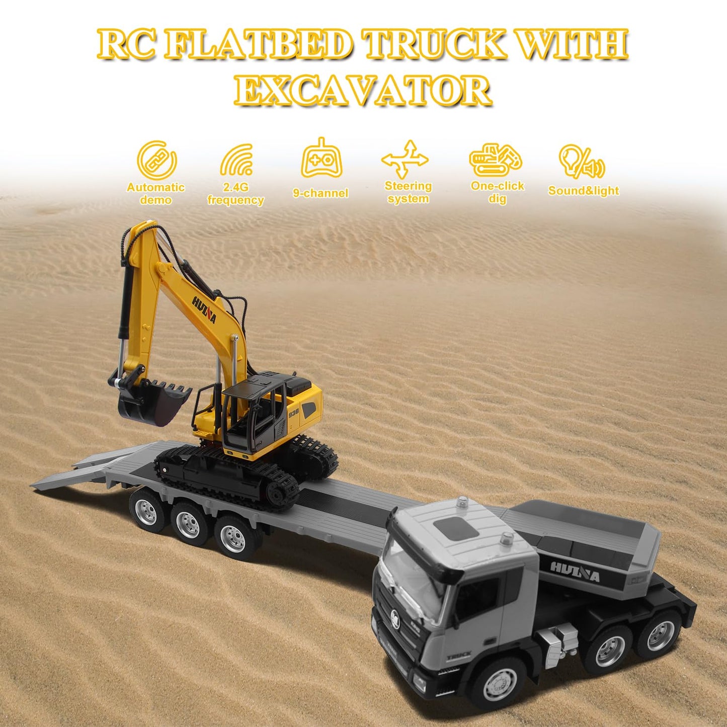 Fistone RC Semi Truck & Excavator Set, 2.4Ghz Remote Control Toys, 1:24 RC Semi-Trailer Engineering Tractor With Sound and Lights, Construction Vehicles for Boys