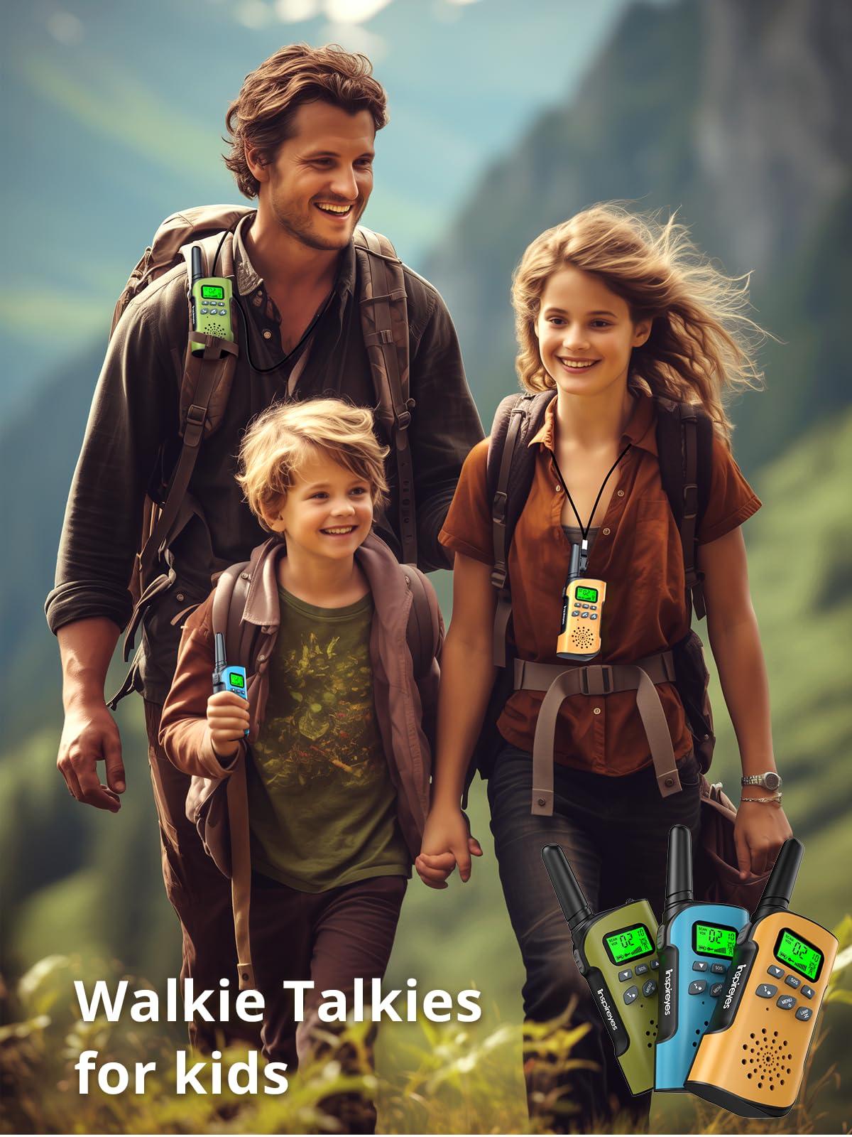 Inspireyes Walkie Talkies for Kids, Rechargeable Long Range 3 Pack, Kids Toys for Boys Girls Ages 3-12, 2 Way Radio Toy, Outdoor Adventure Toys, Camping Hiking Gear, Birthday Gifts for Kids