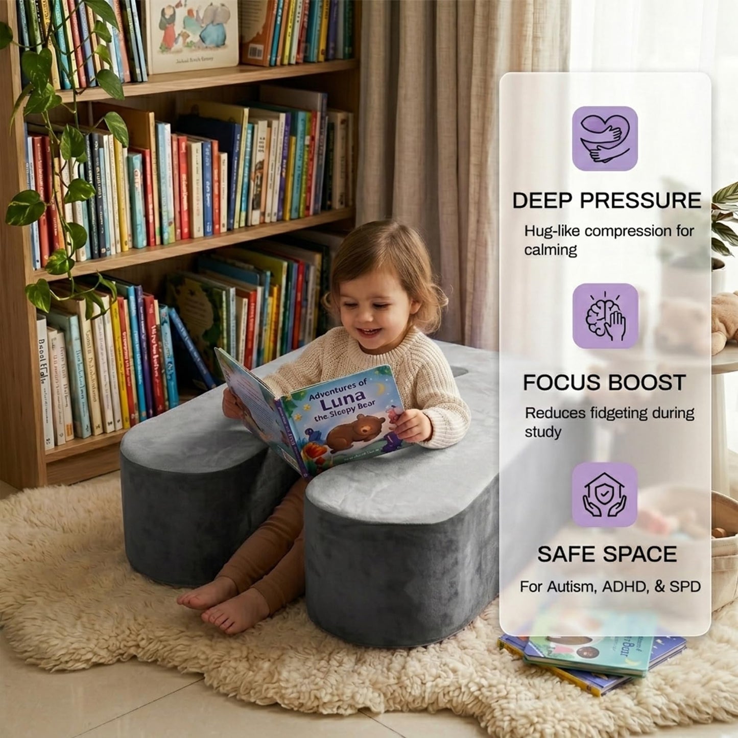 GAB Kids Sensory Rocking Chair, Soft Squeeze Calming Seat for Autism & ADHD, Plush Washable Cover, Cozy Compression Chair for Reading Corner, Playroom, Therapy Room (Gray)
