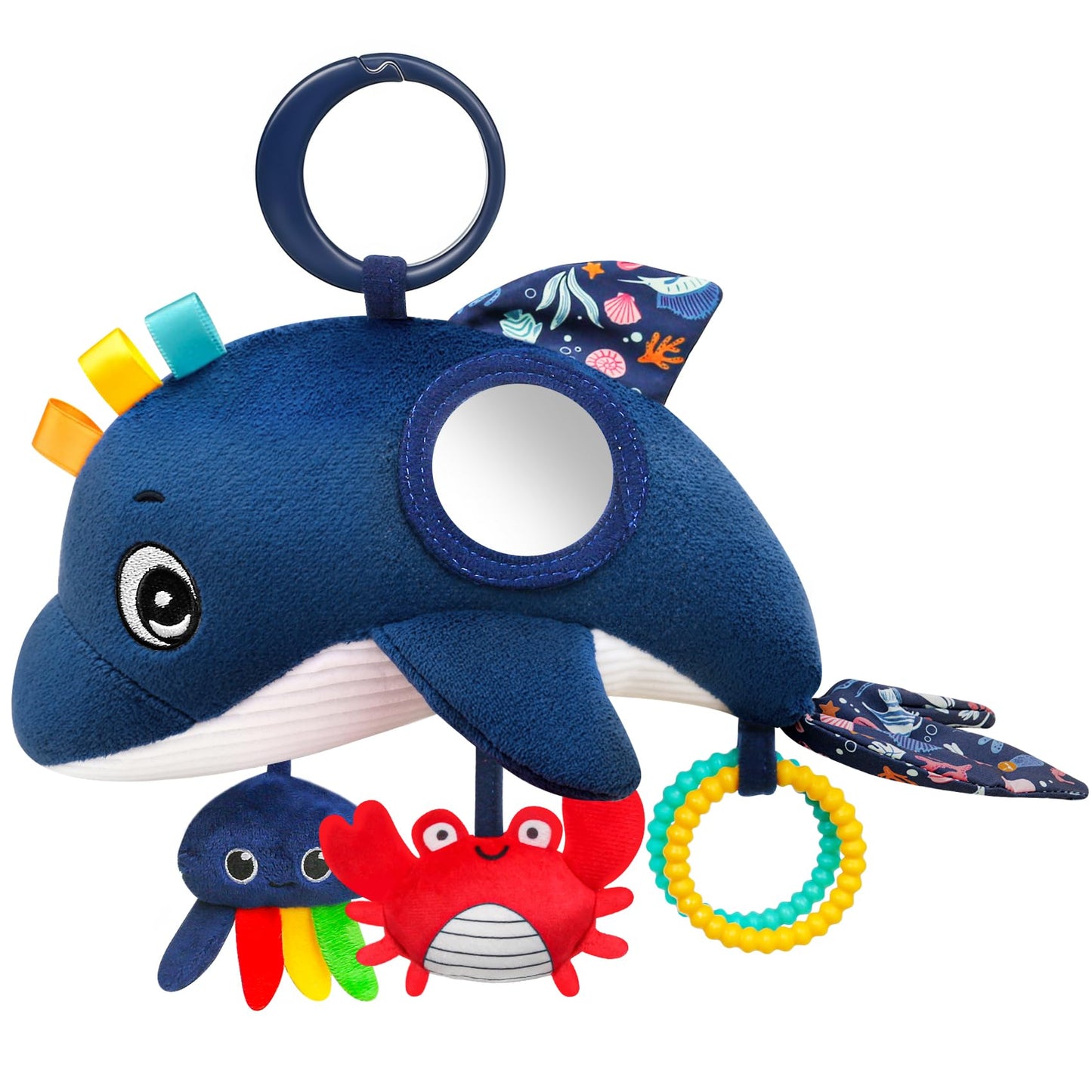 TSYAN Car Seat Toys for Babies 0-12 Months,Hanging Baby Activity Toy for Car seat,Stroller,Crib & Gym,Infant Plush Rattle with Mirror, Crinkle, Clip-On for Boys & Girls