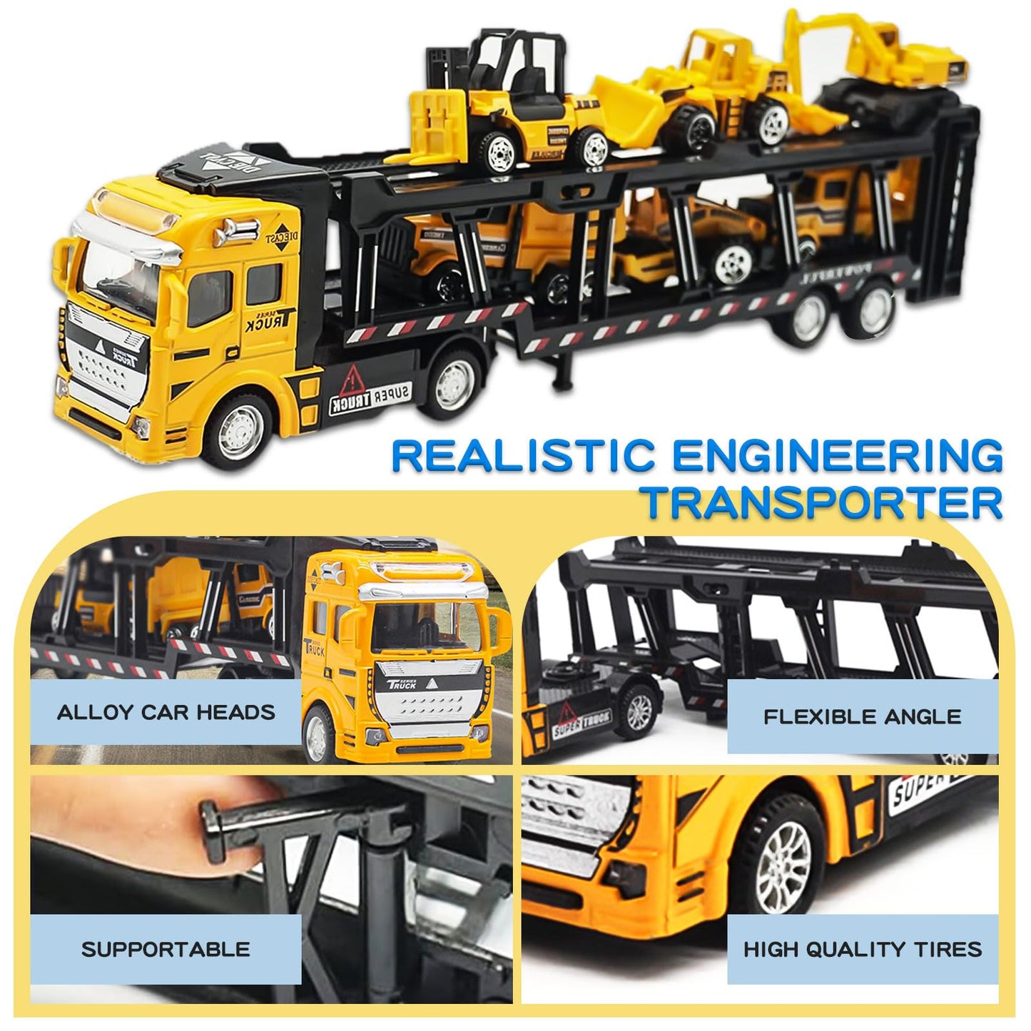 OTONOPI Car Transport Truck Toy Construction Diecast Cars Play Vehicle Set Carrier Trailer Truck with Mini Crane Excavator Digger Dumper Tractor for Kids Pack of 7