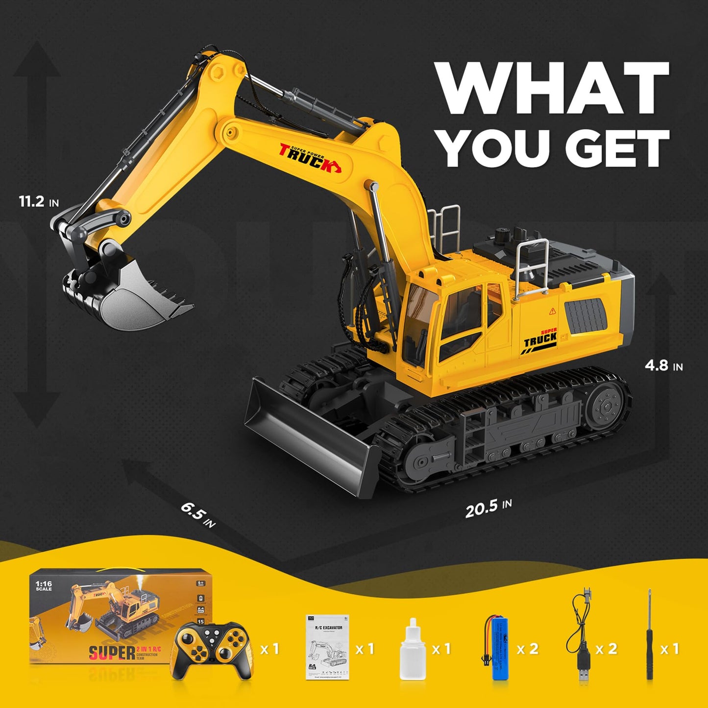 KIDMARKT 21" Large Remote Control Excavator Toy with Metal Bucket & Dozer Blade, 15-Channel RC Excavator Toys for Boys 6+ Kids Adults Construction Vehicles Birthday Gift, 120+Mins/Spray/Sound/Light