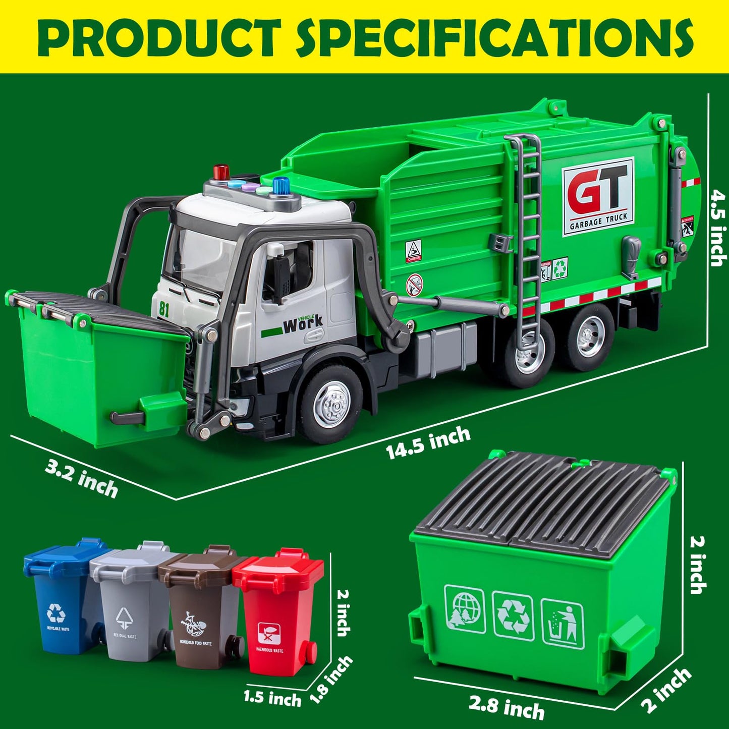 TAKGUD Garbage Truck Toys for Boys, 12" Big Trash Truck with Lights and Sounds, Friction Powered Waste Management Recycling Toy Set with 4 Trash Cans and Sorting Cards, Gift for Kids