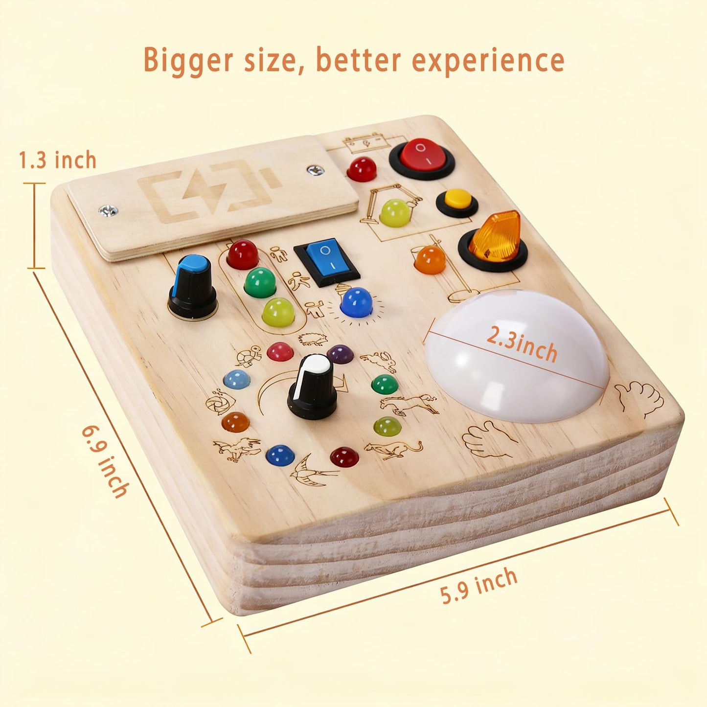 Toddler Busy Board ,Montessori Toy with Tap Light ,6.9"x5.9" Wooden Busy Board with LED Traffic Light for Kids , Travel Sensory Toys for 1+ Year Old baby Christmas/Birthday Gift(Battery Not Included)