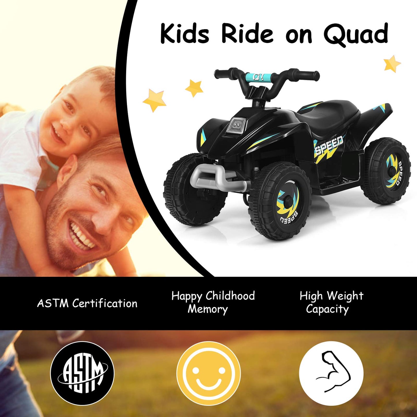 Costzon Kids ATV, 6V Battery Powered Electric Quad, Forward/Reverse Switch, Rear Wheeler Motorized Ride On Mini Vehicle Car for Toddlers Boys Girls, Ride on ATV (Black)