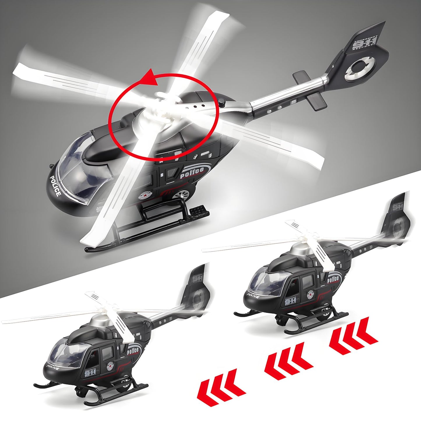 NOVAFUSION Kids Helicopter Toy Diecast Military Helicopter Model Kit,Pull Back Plane with Lights and Sound,Toys Airplane with Rotatable Propeller for Boys Age 4-7（Black）