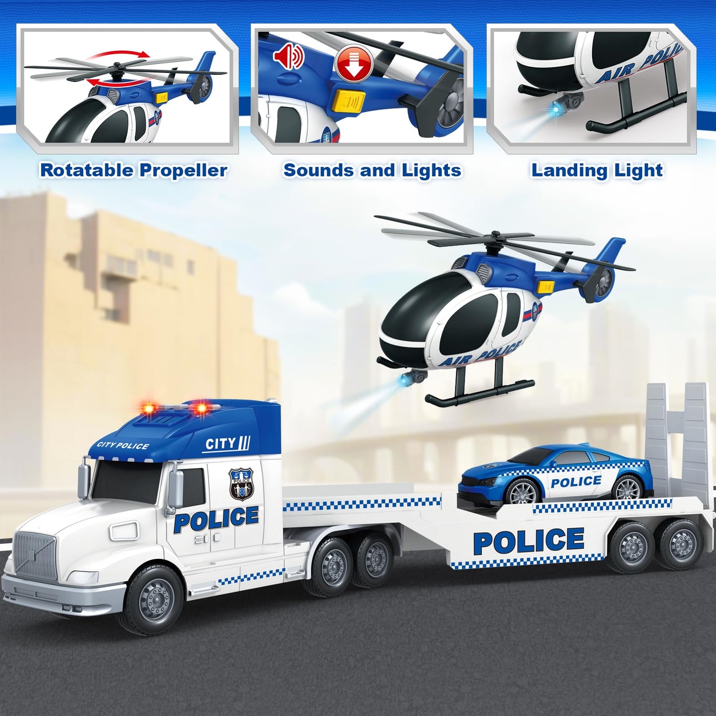 SpringFlower 3 4 5 Boy Toddlers Toys, Extra Large Police Truck Toys with Racing Car and Helicopter, 3 in 1 Police Car Toy Birthday Gifts for 3 4 5 6 Year Old Boys Toddlers Girls