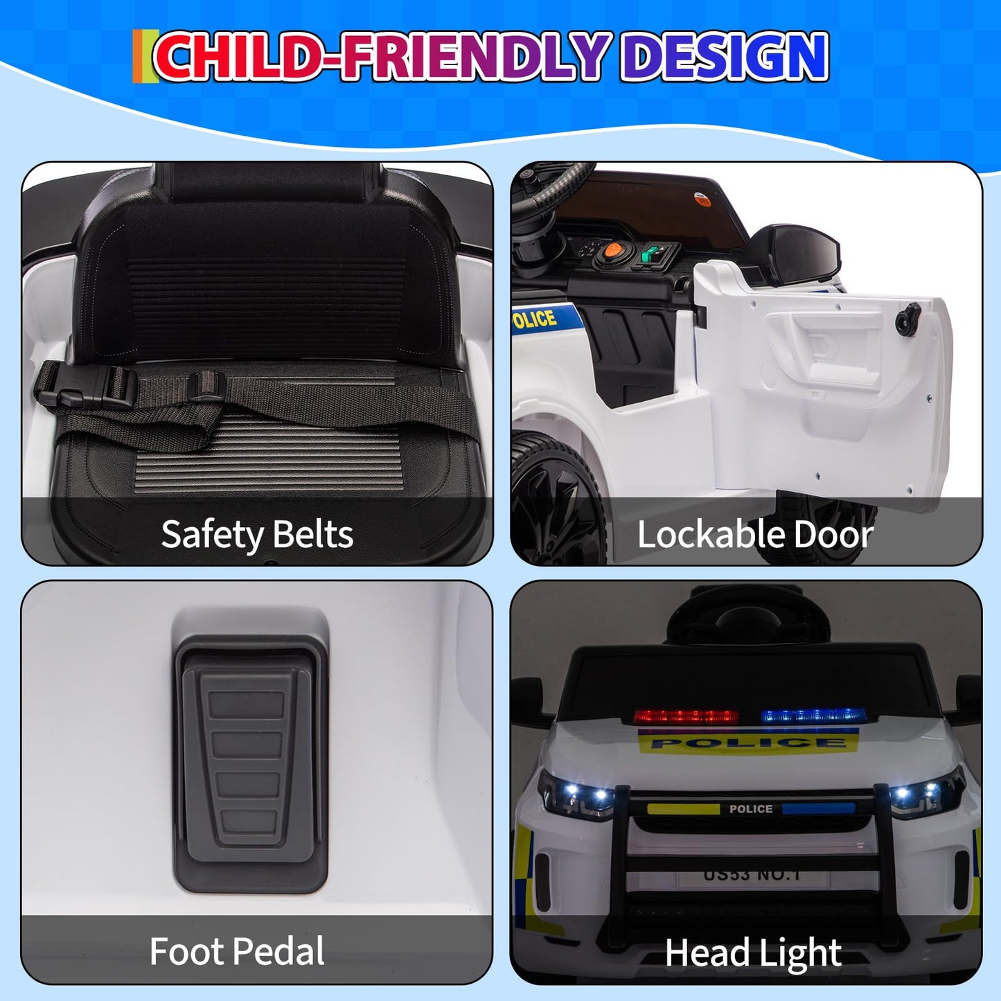 GarveeLife 12V Police Car Ride on Electric Car for Kids, Battery Powered Ride-on Toys with Remote Control, Speaker, Flashing Lights, Music, Headlights, Spring Suspension, Gift for Boy Girl 3-8, White