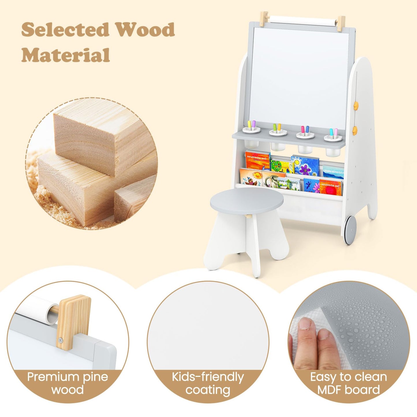 INFANS Easel for Kids with Stool, 4-in-1 Double-Sided Adjustable Magnetic Chalkboard with Paper Roll, Bookshelves, Wheels, Wooden Standing Painting Drawing Art Board for Boys Girls