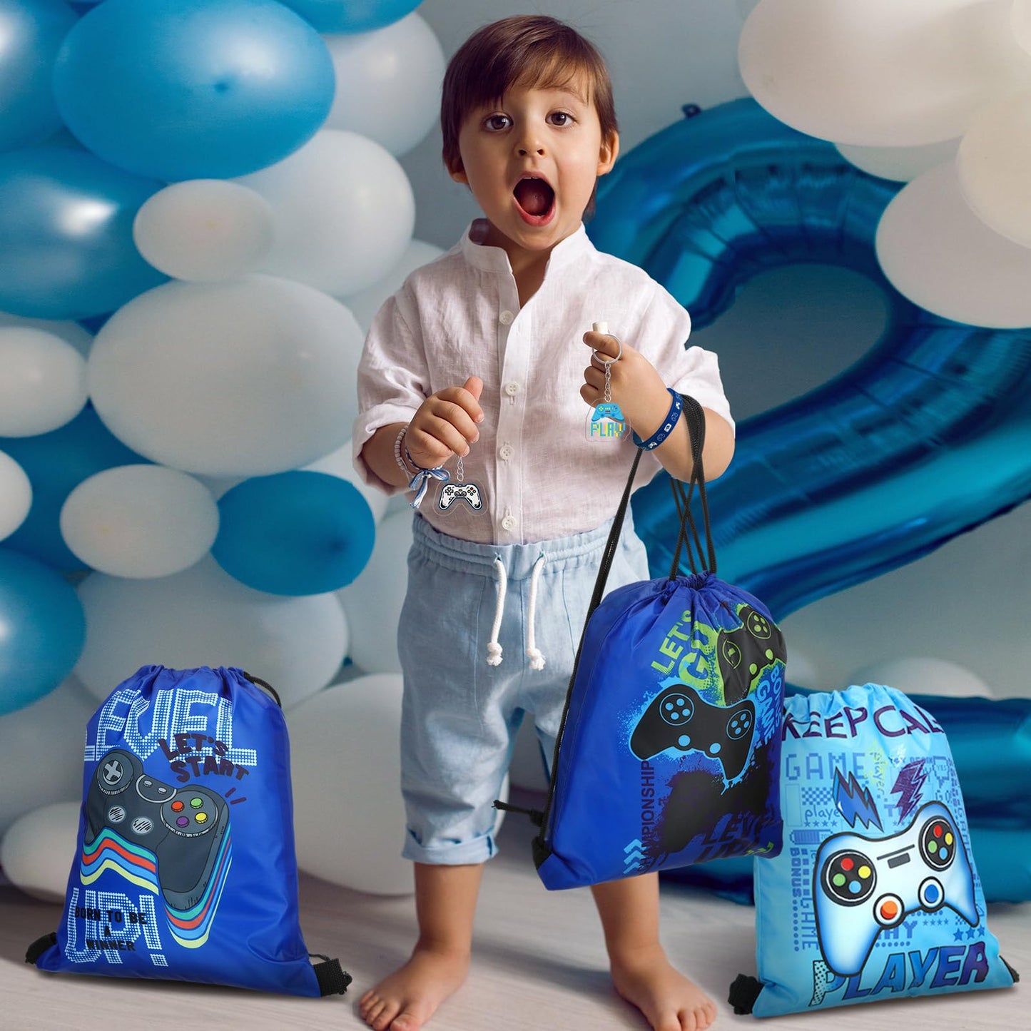 Talltalk 48 Pcs Video Game Party Favors Bulk with 16 Blue Black Video Game Gift Drawstring Backpack Goodie Bags Snacks Candy Bag 16 Wristband 16 Keychain for Play Birthday Party Supplies Decorations