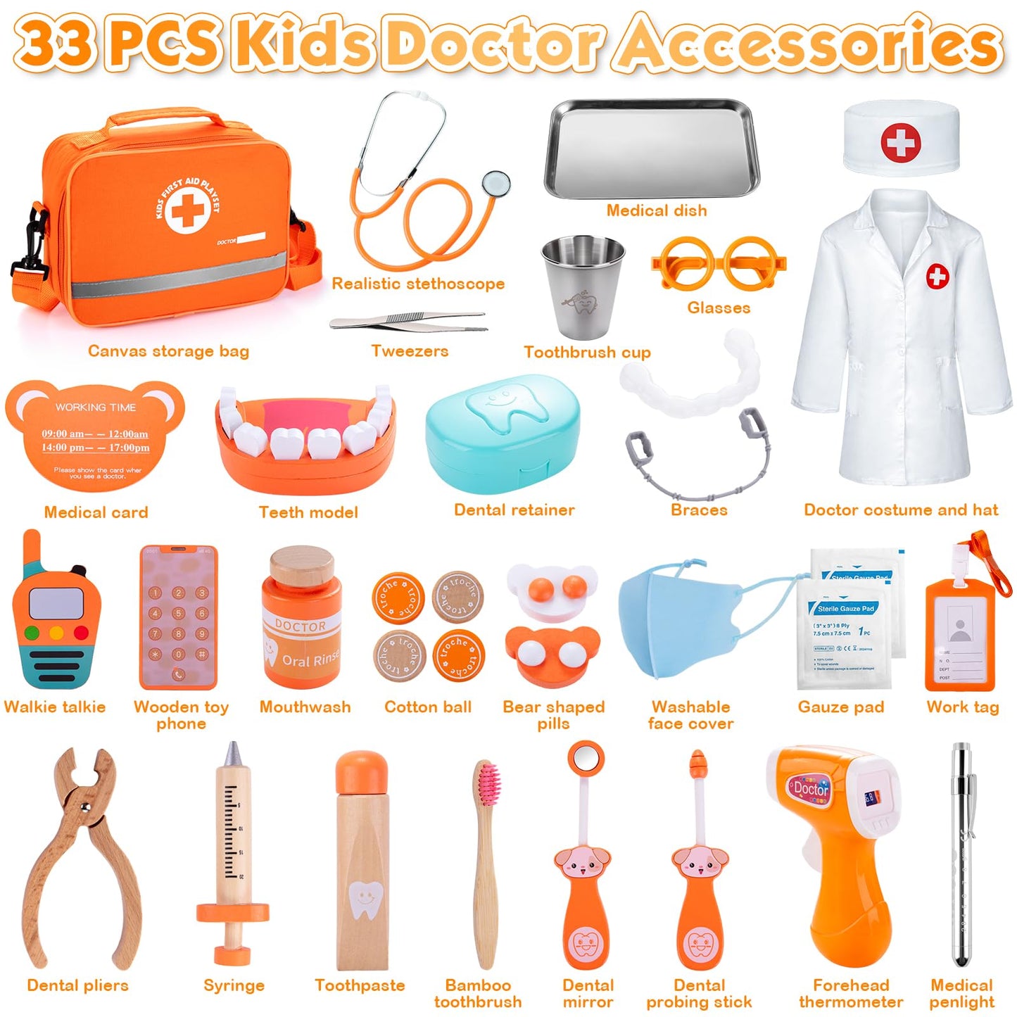 Kids Dentist Play Set, Wooden Doctor Kit for Toddlers 3-5 with Real Stethoscope, Removable Teeth, Braces & Storage Bag, Pretend Play Dental Playset Medical Kits Toys Gifts for 3 4 Year Old Girls