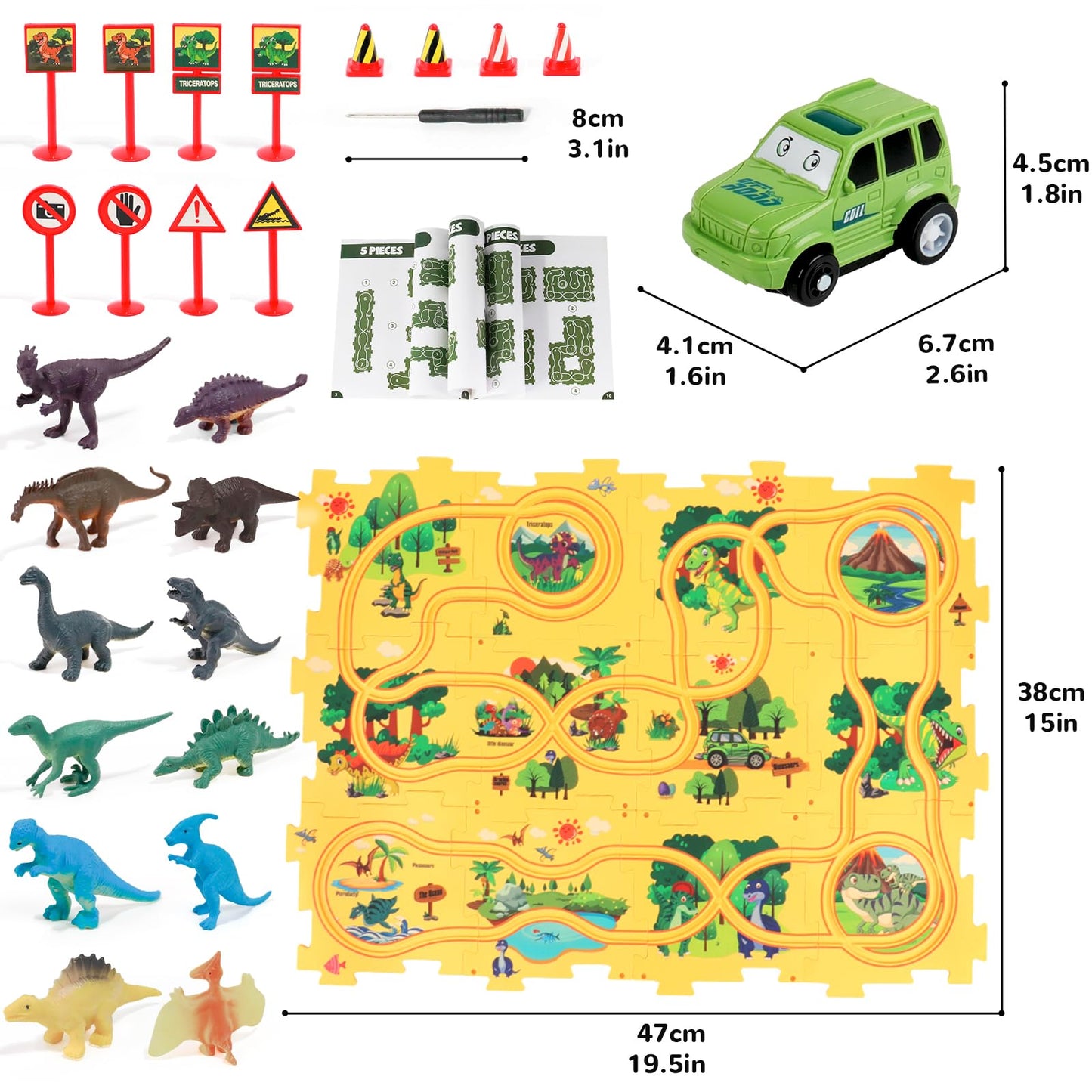 XAZASTOV Puzzle Track Car Play Set with 12 Dinosaur Figures, Plastic Railcar Floor Puzzles for Kids Ages 3-5 with Vehicles, Toys Gifts for 3 4 5 6 Year Old Boys