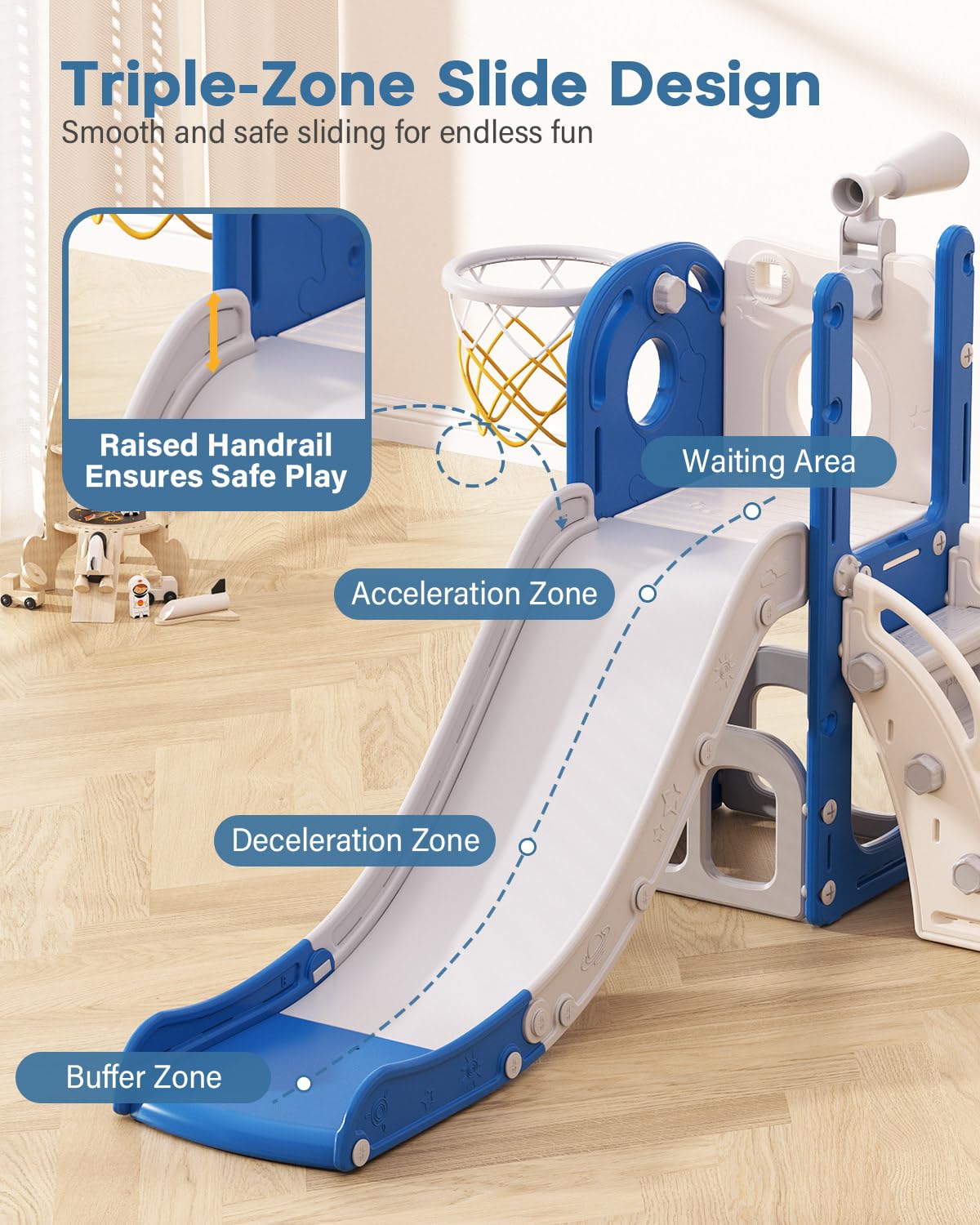 Babytronic Toddler Slide, 6 in 1 Kids Indoor Slide for Toddlers 1-3, Baby Indoor and Outdoor Climber Playset, Kids Slide with Basketball Hoop and Telescope, Toddler Outdoor Playground (Blue&Gray)