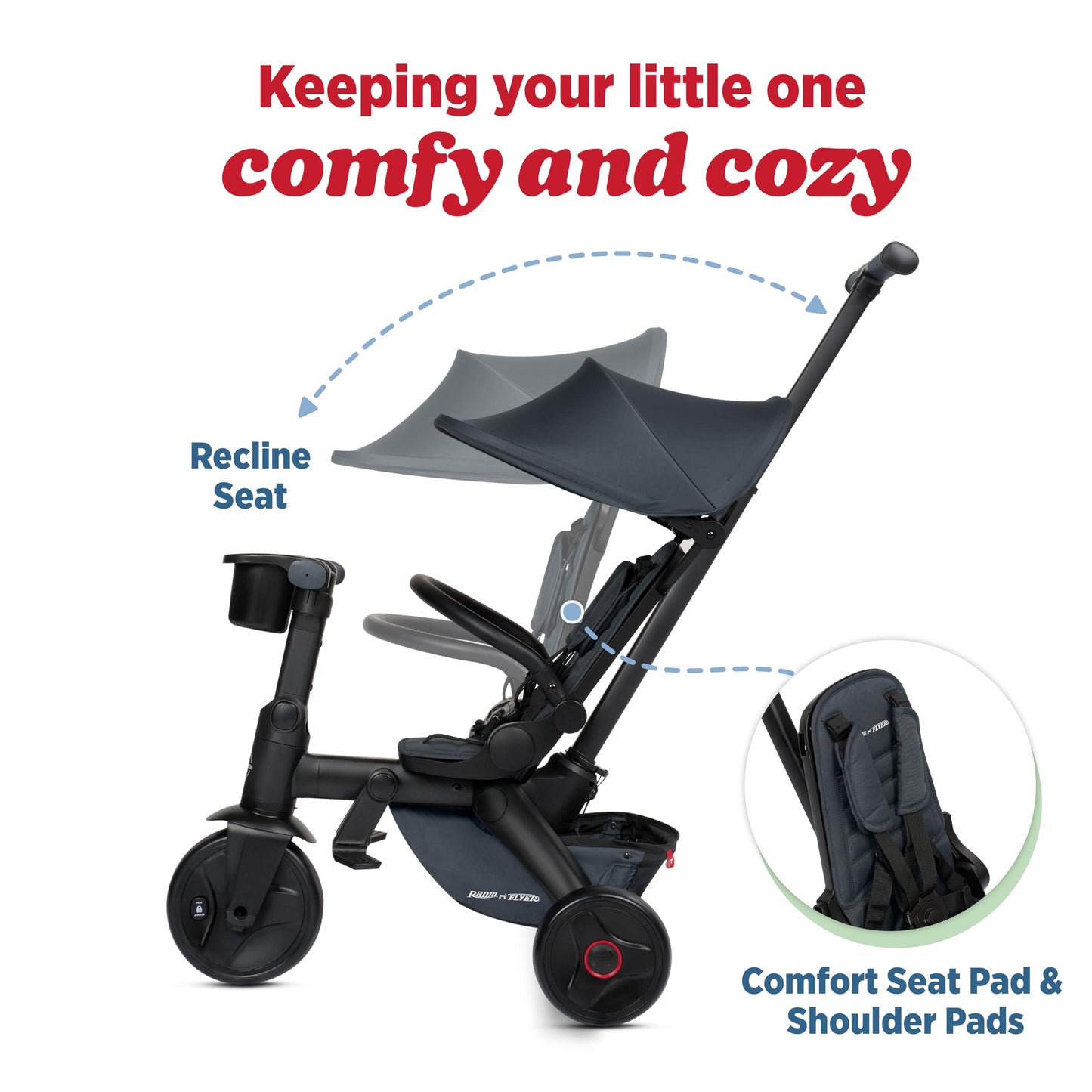Radio Flyer Coast Folding Stroller Trike, for Kids 6 Months-3 Years, Lightweight, Compact, 4 Riding Modes, UV Canopy, 5Point Harness, Safety Bar, Cup Holder, Storage, Stroller Tricycle for Toddlers