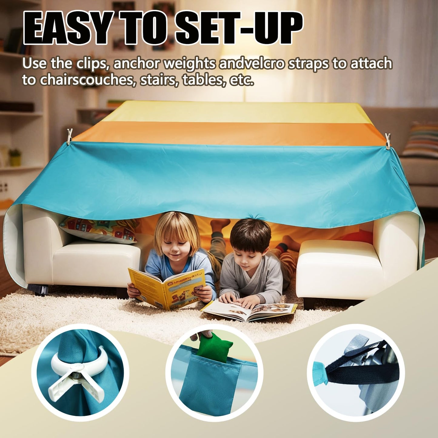 Magic Kids Fort Building Kit, 3 * 3m Large Blanket Fort Making Kit Clips Portable Playhouse Play Tent Fort - Indoor/Outdoor Girls/Boys Toys Ages 4-8-12