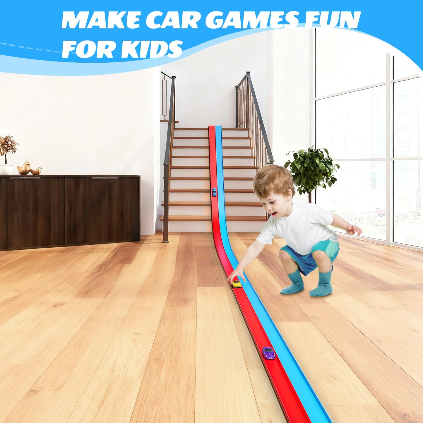 15FT Flexible Race Track with 4 Cars - DIY Car Ramp Track for Jumps, Loops, Ramps - Portable Roll-Up Dual Racetrack for Indoor Outdoor Play, Ages 3+ (Blue+Red)