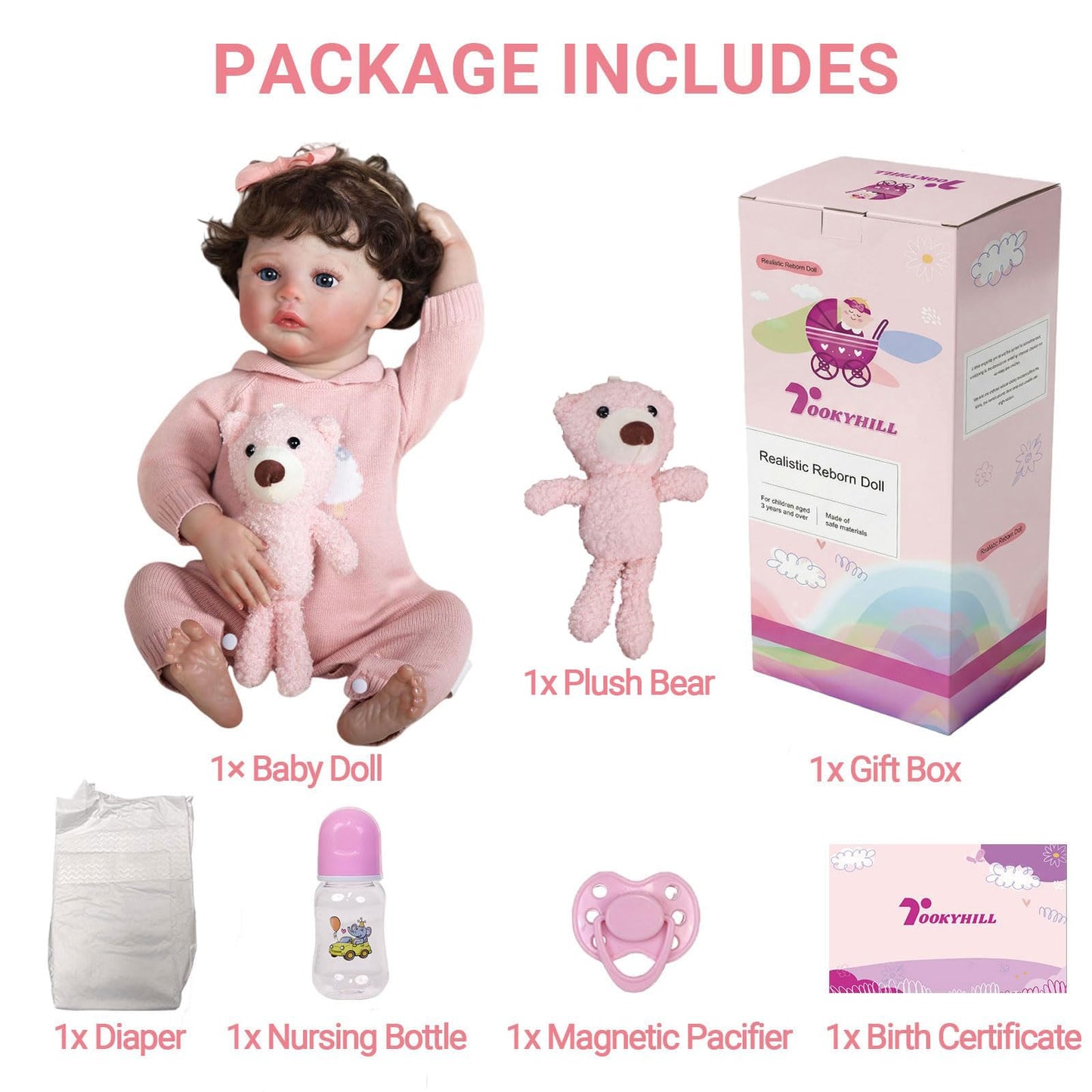 Tookyhill 16 Inch Lifelike Reborn Baby Doll, Full Vinyl Body, Poseable Limbs, Pink Knit Outfit & Plush Bear Toy, Realistic Newborn Doll Gift for Toddler Girls Age 3+ (Pink Bear)