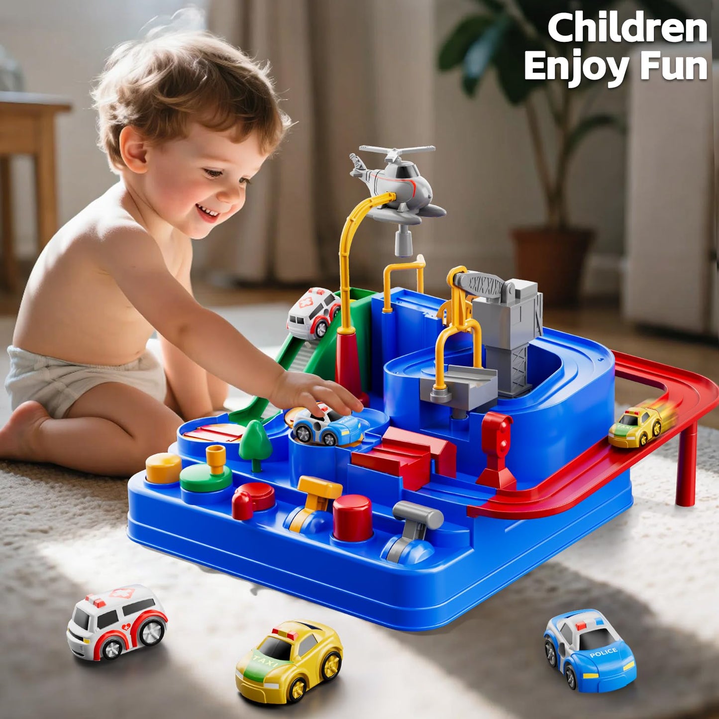 KIZONLY Car Race Track for Kids Ages 3+, Kids Car Toys for 3 Year Old Boys, Race Track for Toddlers 3+, City with 3 Small Cars and Helicopter, Educational Birthday Gifts