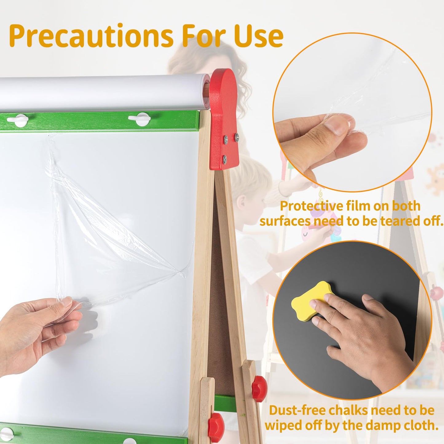 Kids Art Easel with Paper Roll for Toddlers, Adjustable Double Sided Magnetic Drawing Board Dry Erase Whiteboard & Chalkboard，Easel for Toddlers 2-4 Years Painting Wooden Easel Kids 4-8