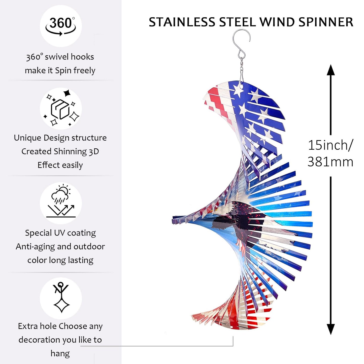 Aoedelyart Wind Spinners Outdoor Creates a Soaring Eagle Effect, 3D American Flag Eagle Wind Spinner Hanging Independence Day/Memorial Day Decorations,Gifts for Men/Women,15in Garden Decor,Yard Art
