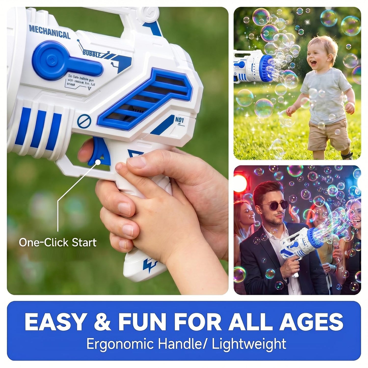 Bubble Gun for Kids, 69-Hole Bubble Machine with LED Lights, 69 Hole Bubble Blaster Blower, for Ages 3+, Summer, Birthday, Party Wedding Outdoor (Blue)