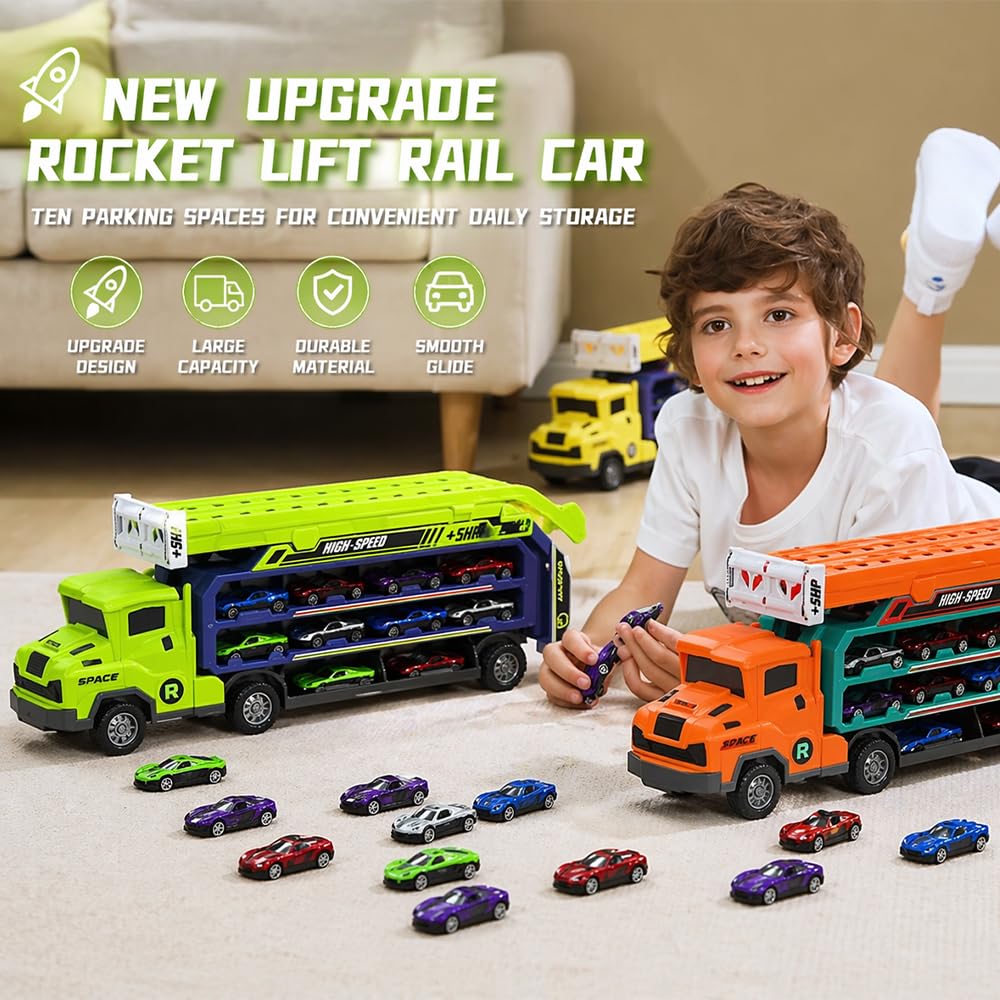 Unimoly Carrier Truck Transport Toy, Foldable 2-Layer Car Race Track Playset with 33" Track & 6 Metal Cars, Birthday Gift for Boys Ages 3-8 (Green)