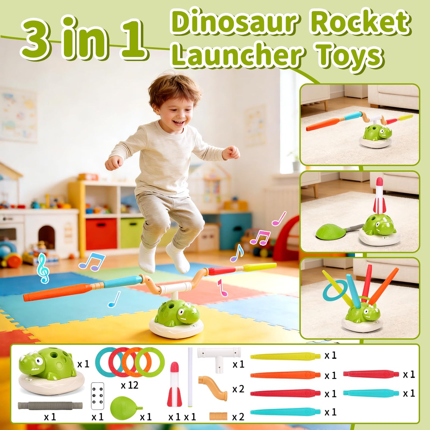 Purryegift 3 in 1 Dinosaur Rocket Launcher, Musical Spinning Jump Dinosaur Toy, Ring Toss Game & Stomp Rockets with Remote Control, Kids Indoor & Outdoor Energy Burning Toys for Boys Girls (1 Set)